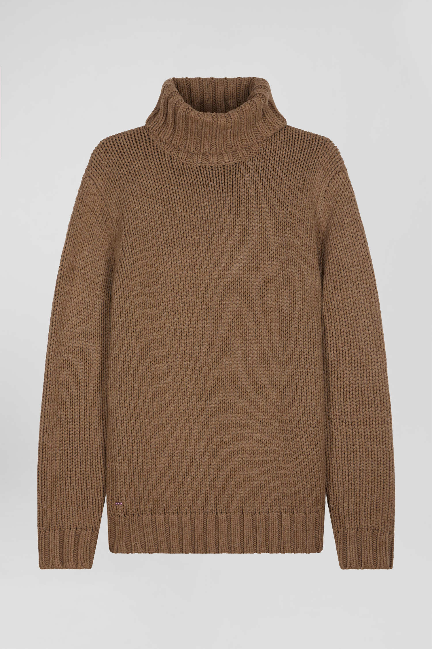 Regular brown wool and cotton blend turtleneck jumper