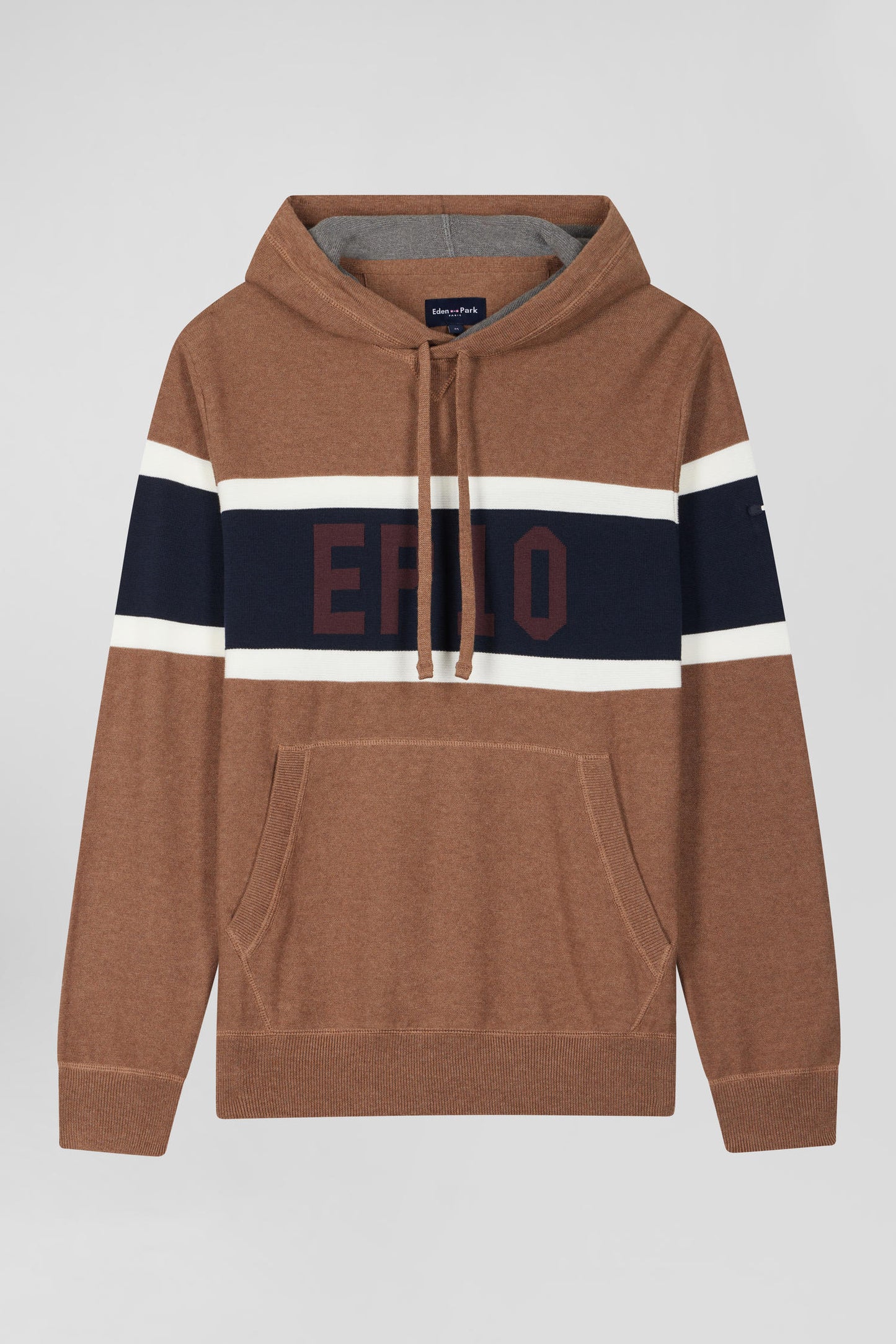 Regular camel cotton hooded jumper with EP10 jacquard