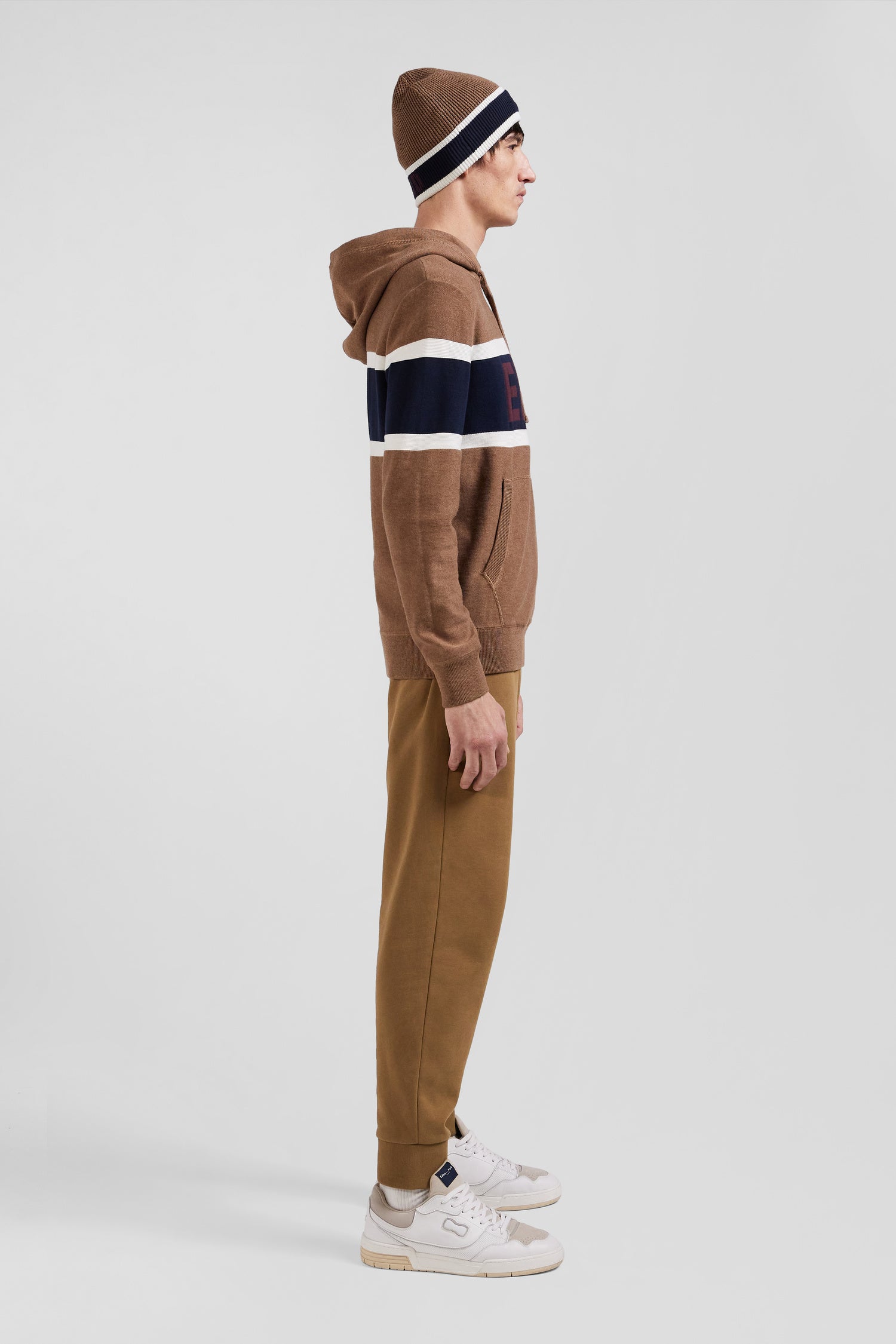 Regular camel cotton hooded jumper with EP10 jacquard