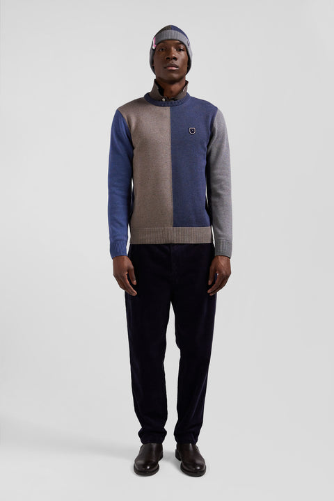 Regular navy and brown colourblock cotton crew neck jumper - Image 1