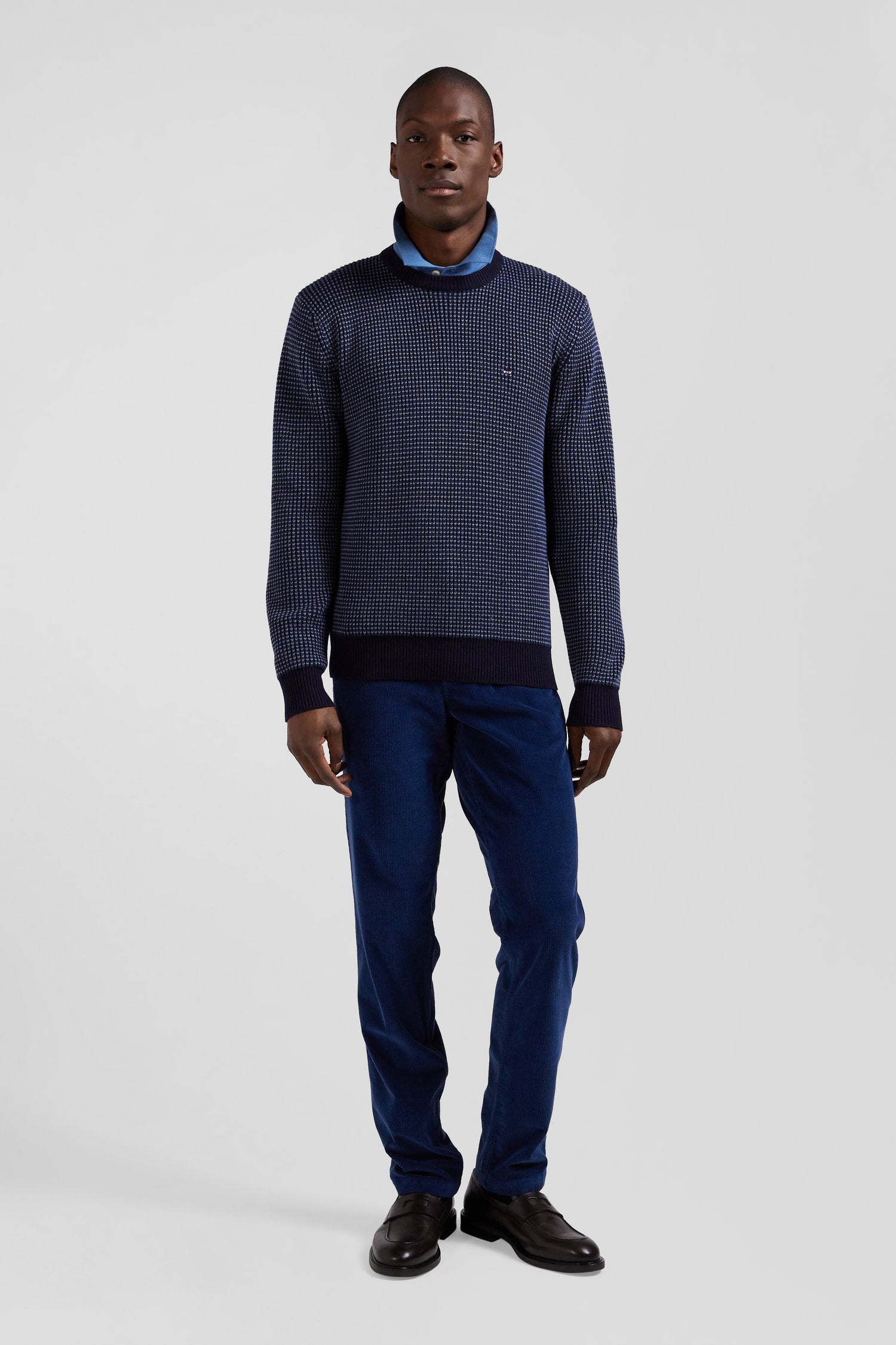 Regular navy wool and cotton crew neck jumper