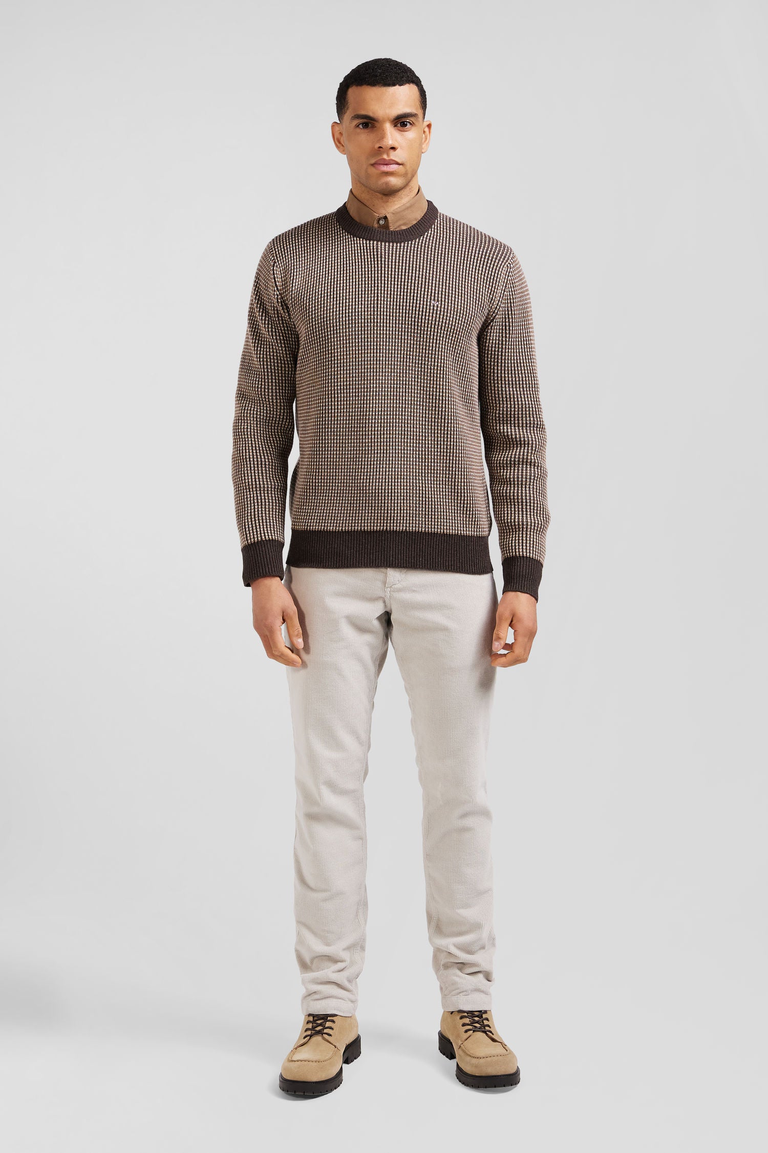 Regular brown wool and cotton crew neck jumper