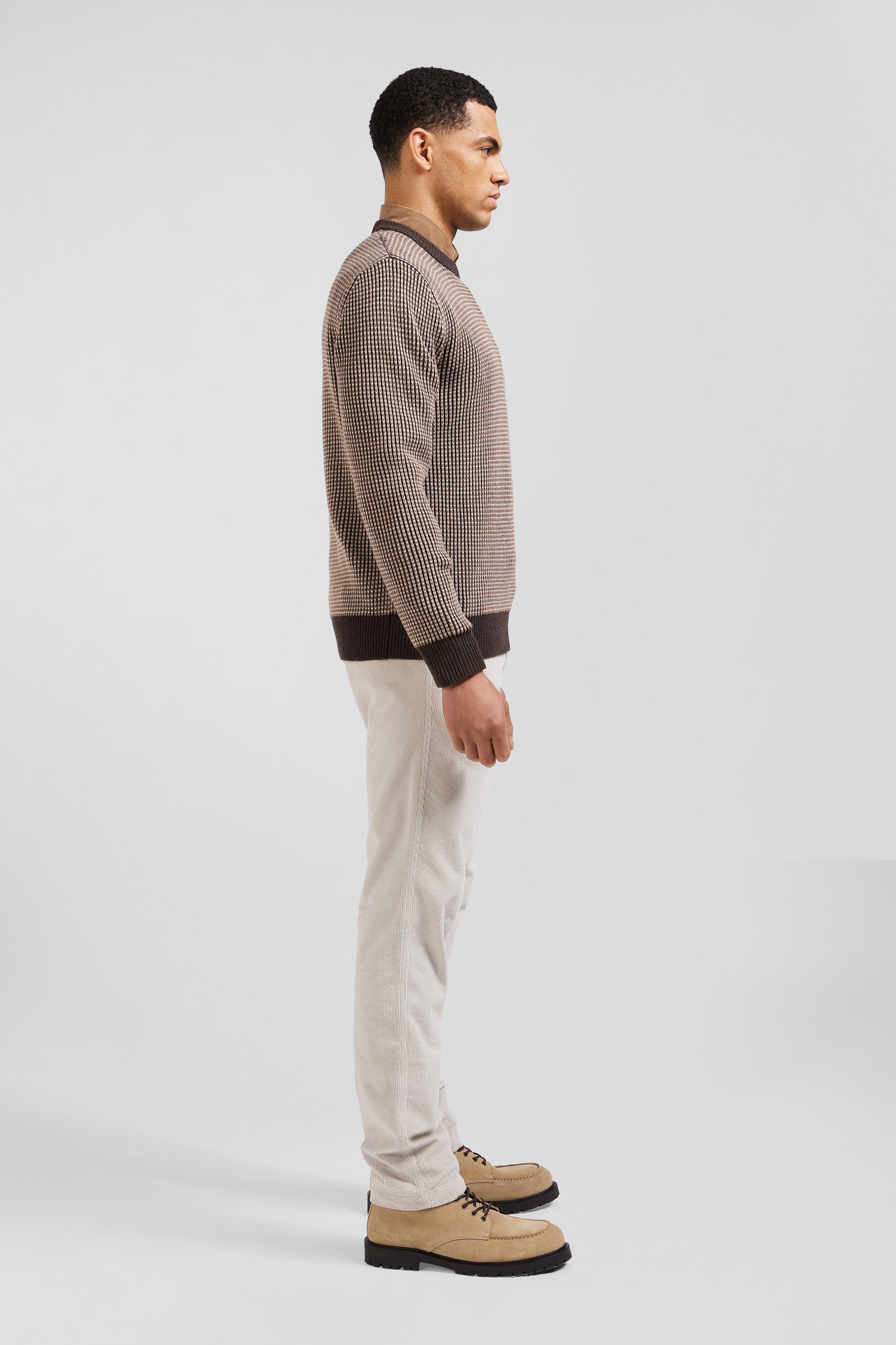 Regular brown wool and cotton crew neck jumper