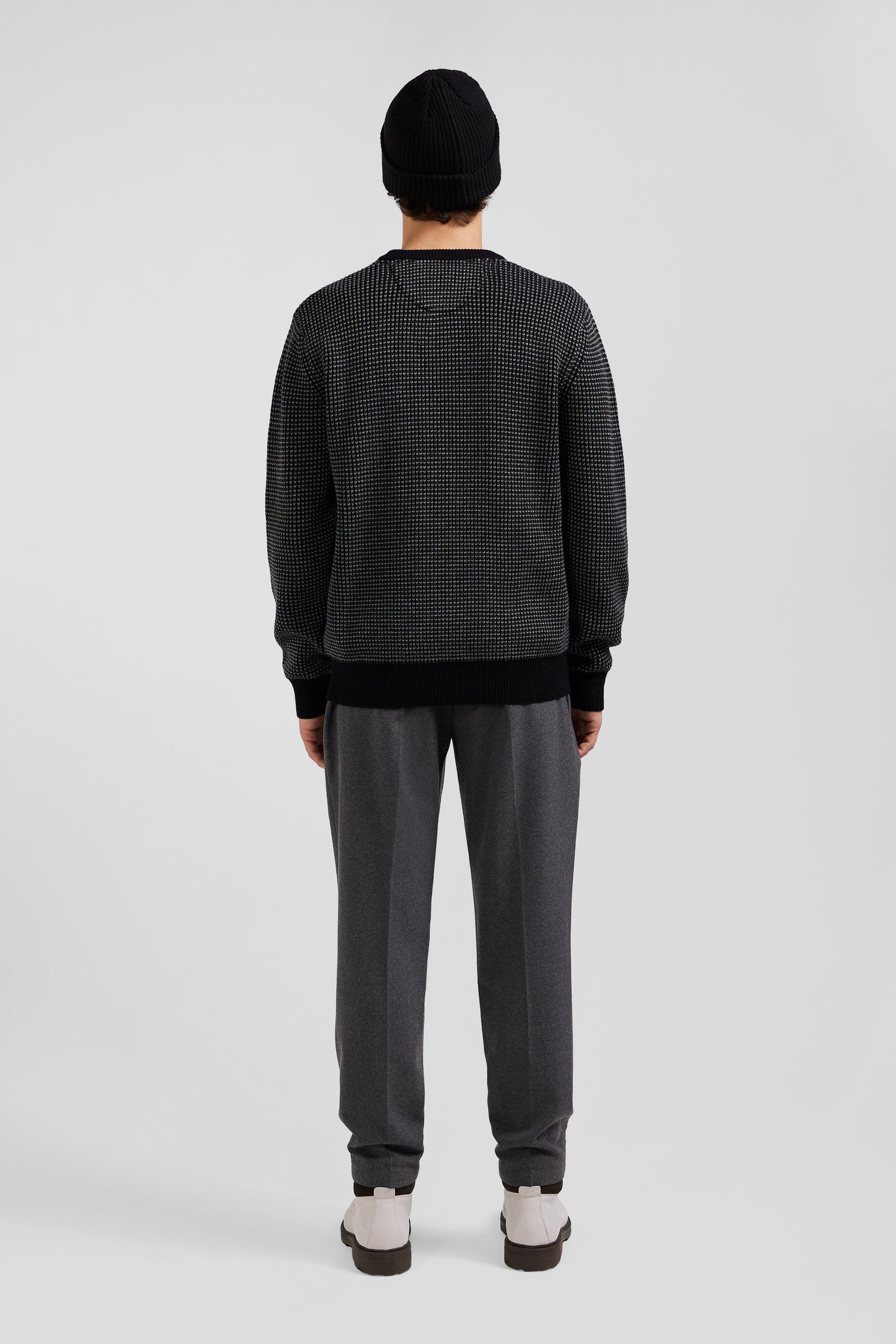 Regular black wool and cotton crew neck jumper