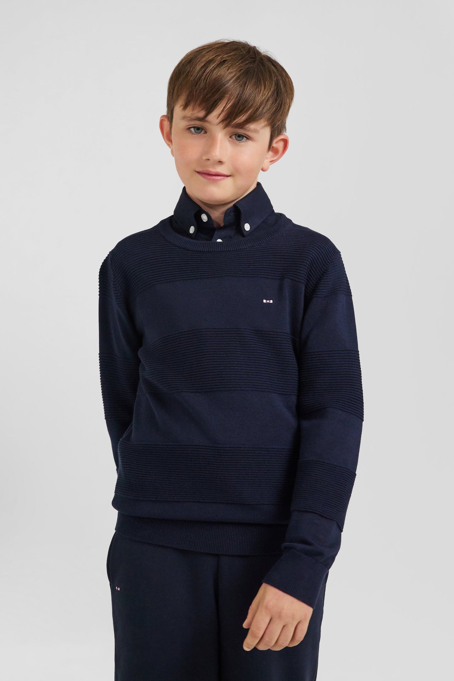 Regular navy blue striped cotton crew neck jumper