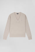 Pull col V en laine et coton beige coupe Relaxed