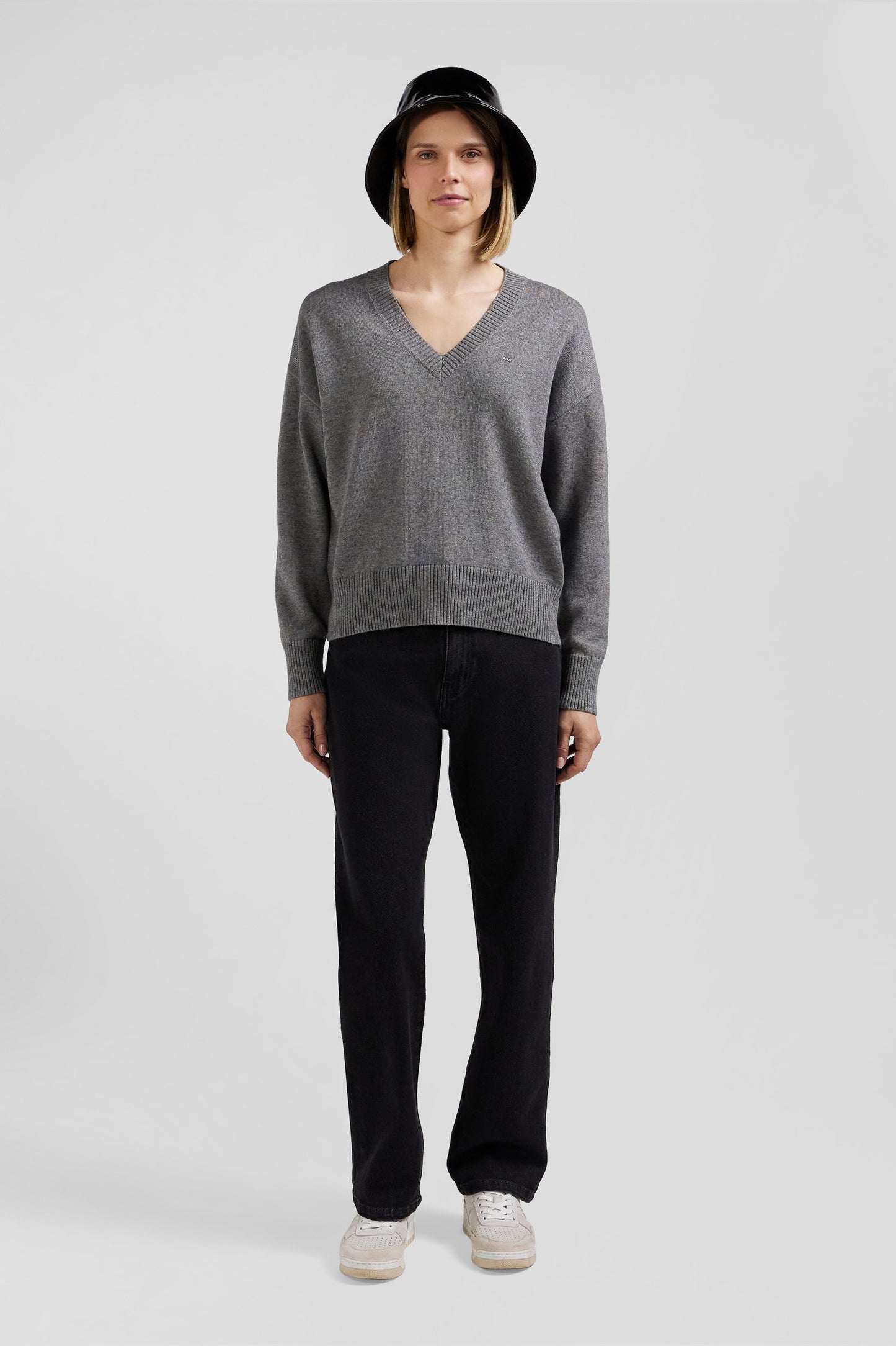 Charcoal grey wool and cotton V-neck Relaxed fit sweater