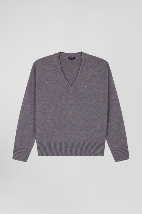 Charcoal grey wool and cotton V-neck Relaxed fit sweater - Image 2