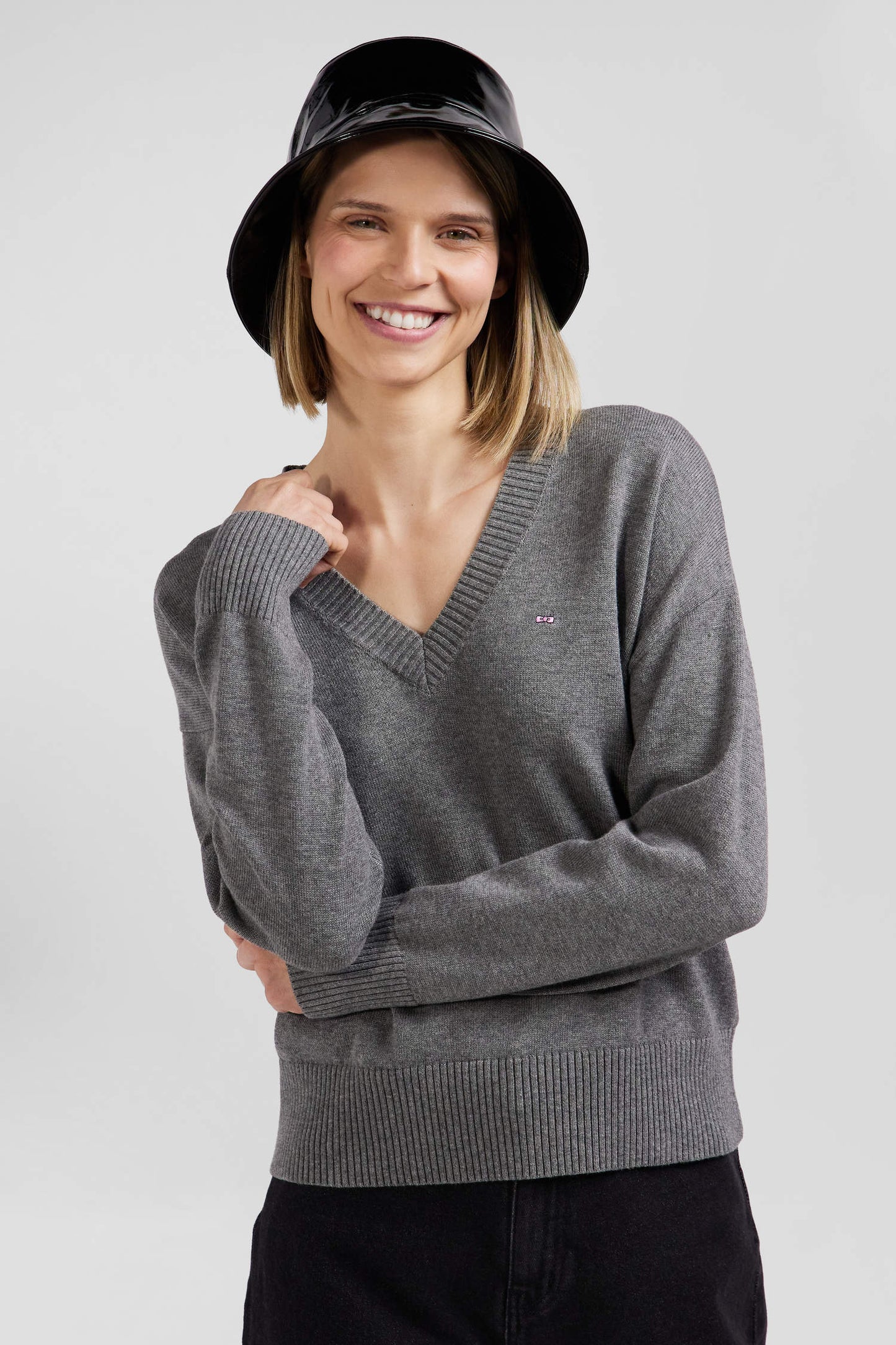 Charcoal grey wool and cotton V-neck Relaxed fit sweater