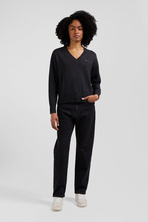 Relax dark grey mottled wool and cotton V-neck jumper - Image 1