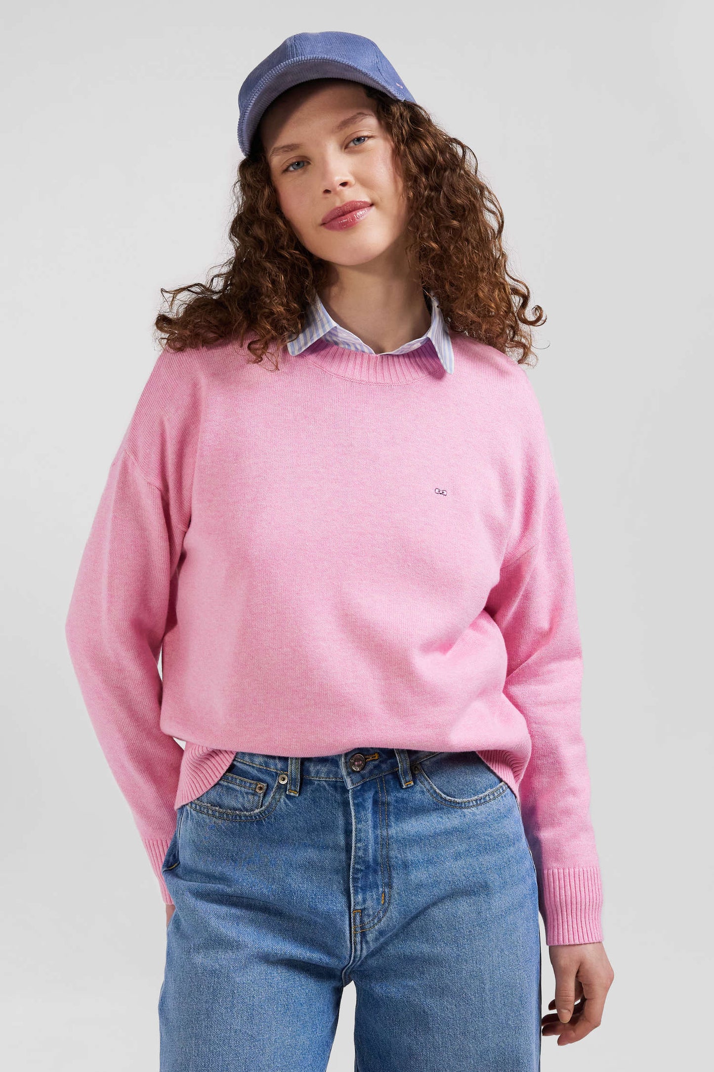 Pull col rond en laine et coton rose coupe Relaxed