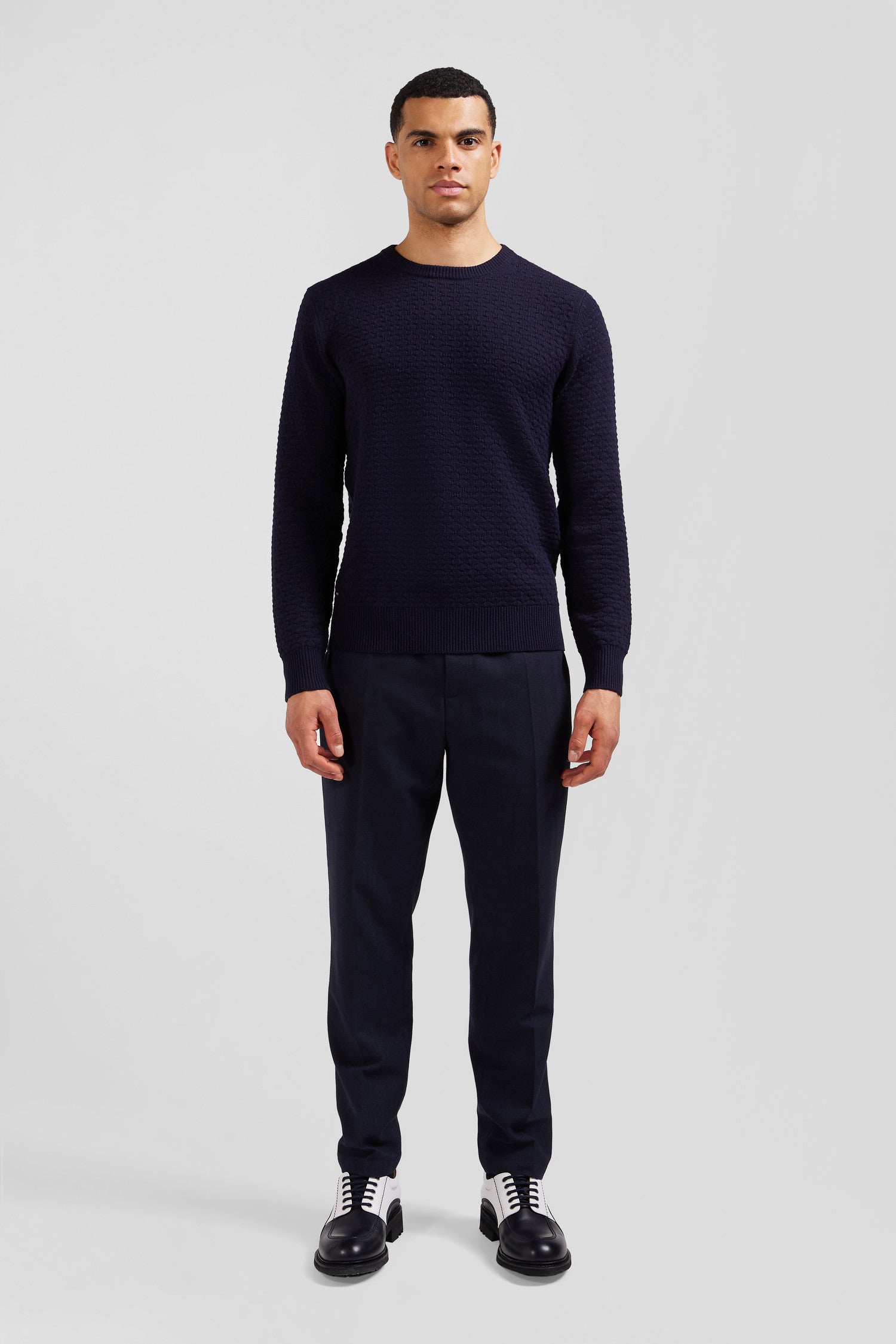 Regular navy blue wool and cotton crew neck jumper with micro bow tie effect