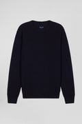 Regular navy blue wool and cotton crew neck jumper with micro bow tie effect