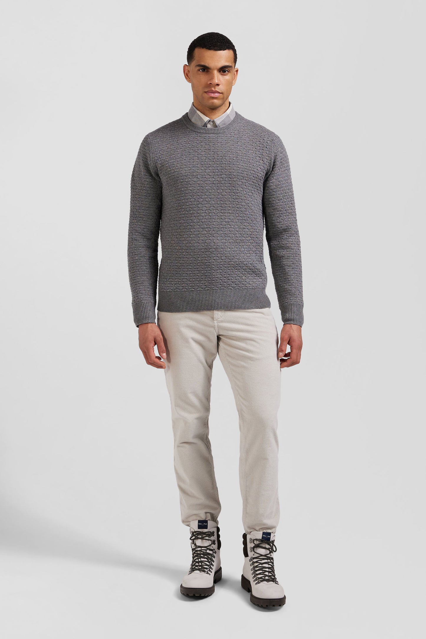 Regular grey wool and cotton crew neck jumper with micro bow tie effect