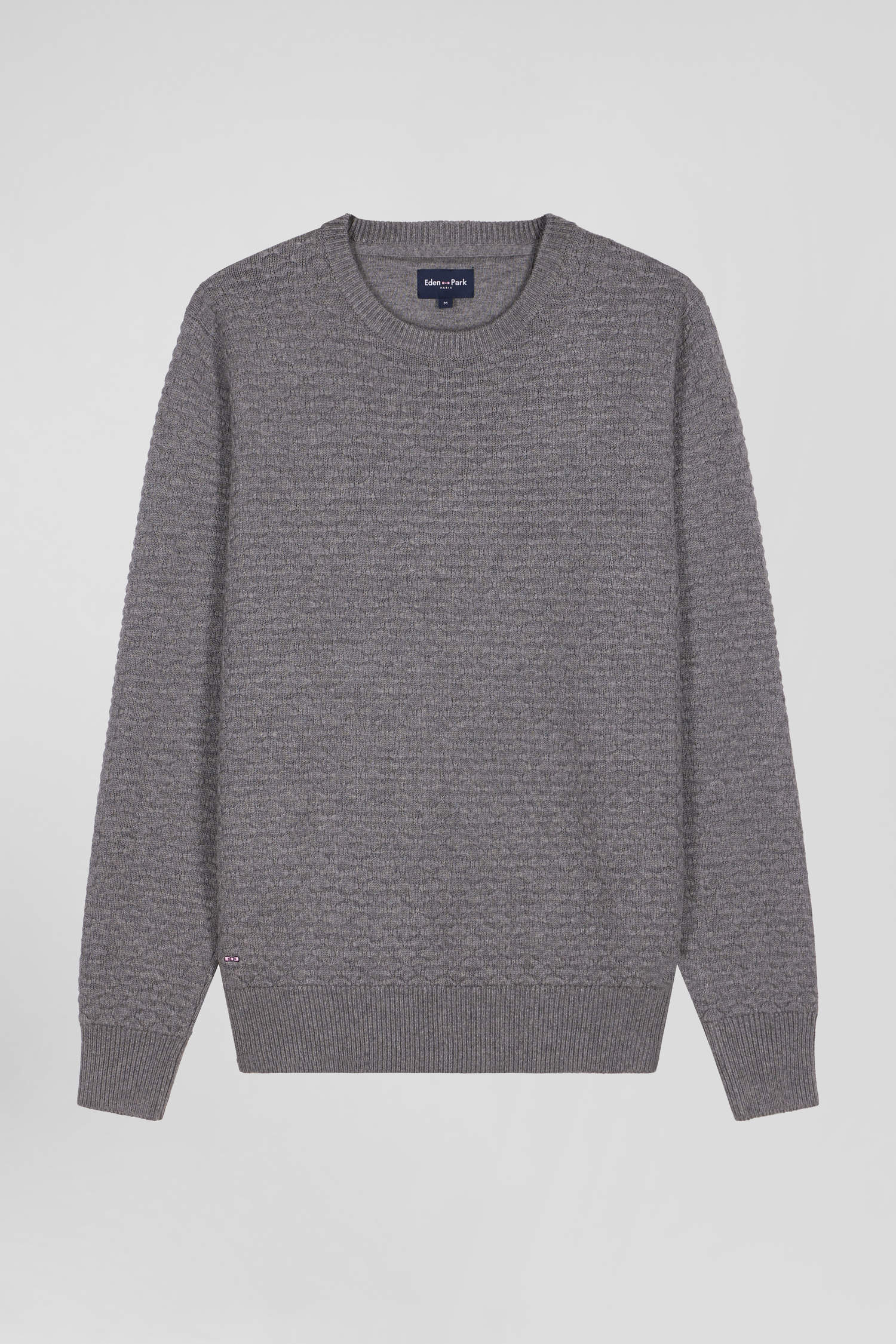 Regular grey wool and cotton crew neck jumper with micro bow tie effect