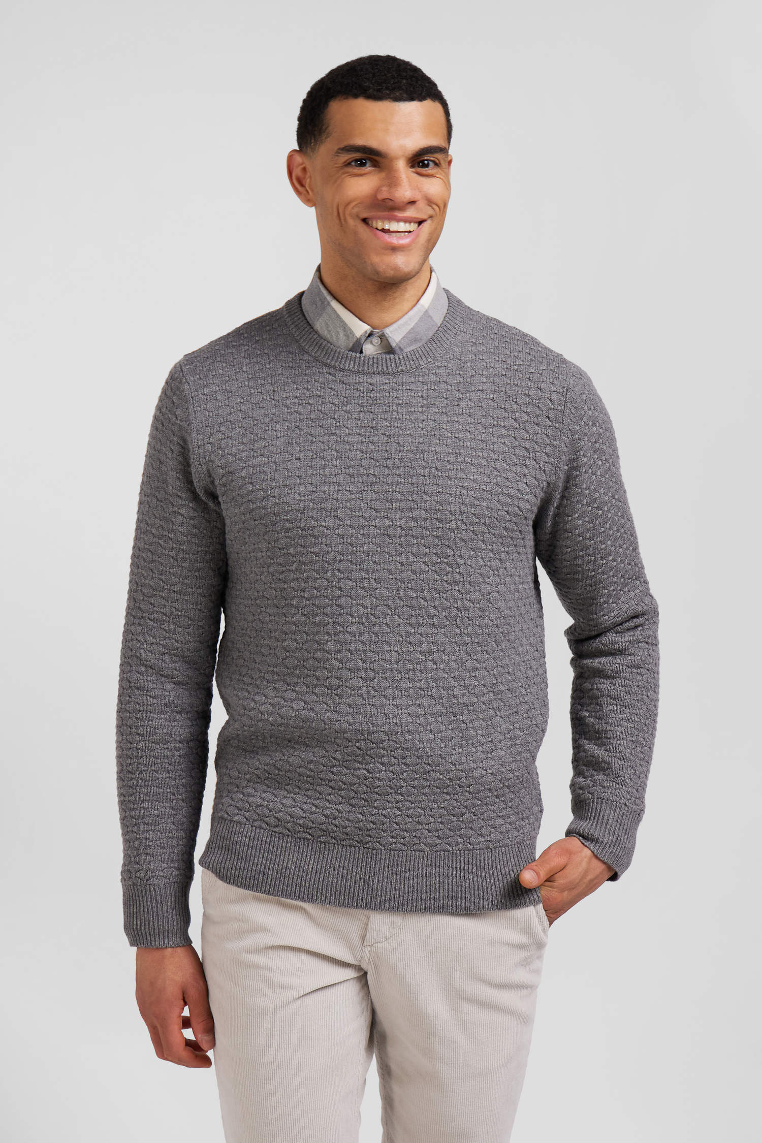 Regular grey wool and cotton crew neck jumper with micro bow tie effect