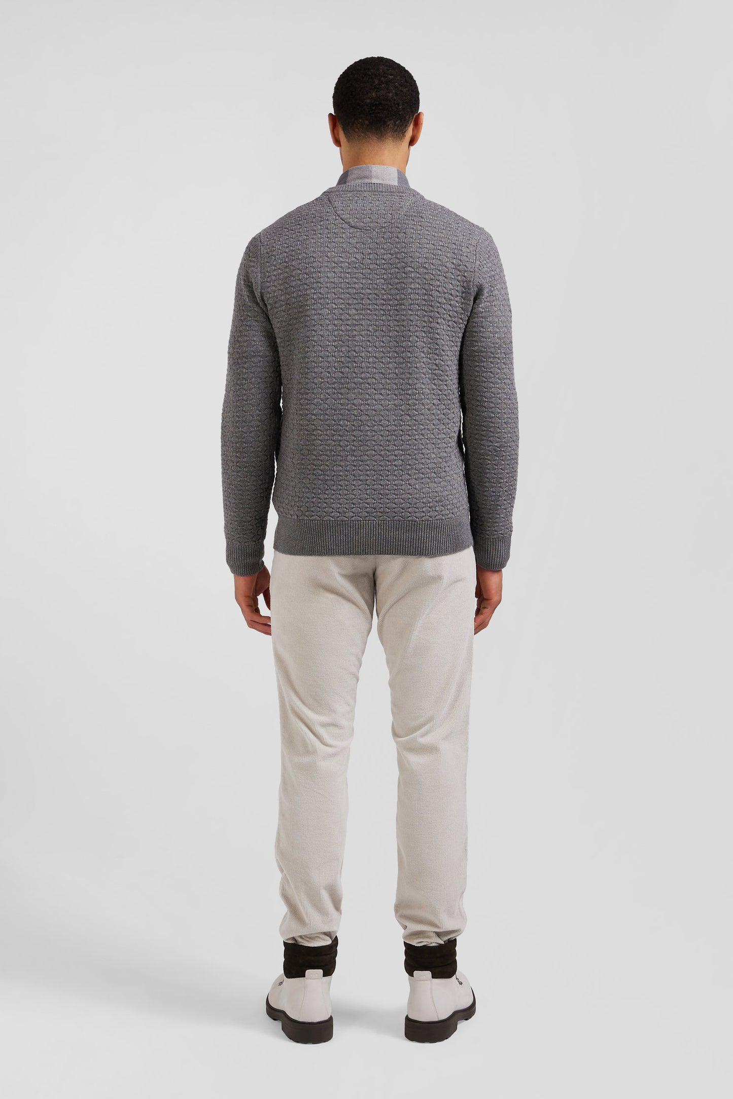 Regular grey wool and cotton crew neck jumper with micro bow tie effect