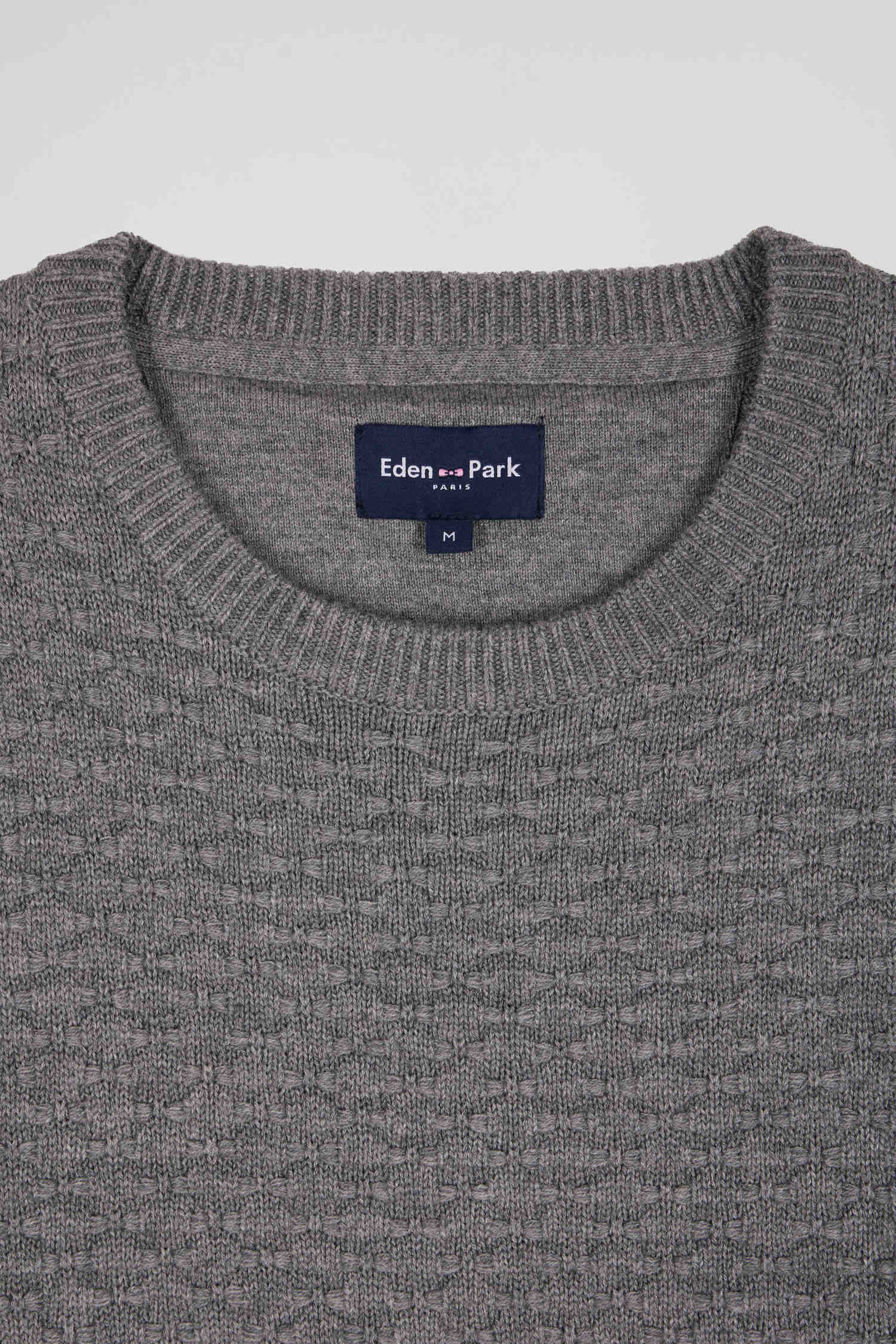 Regular grey wool and cotton crew neck jumper with micro bow tie effect