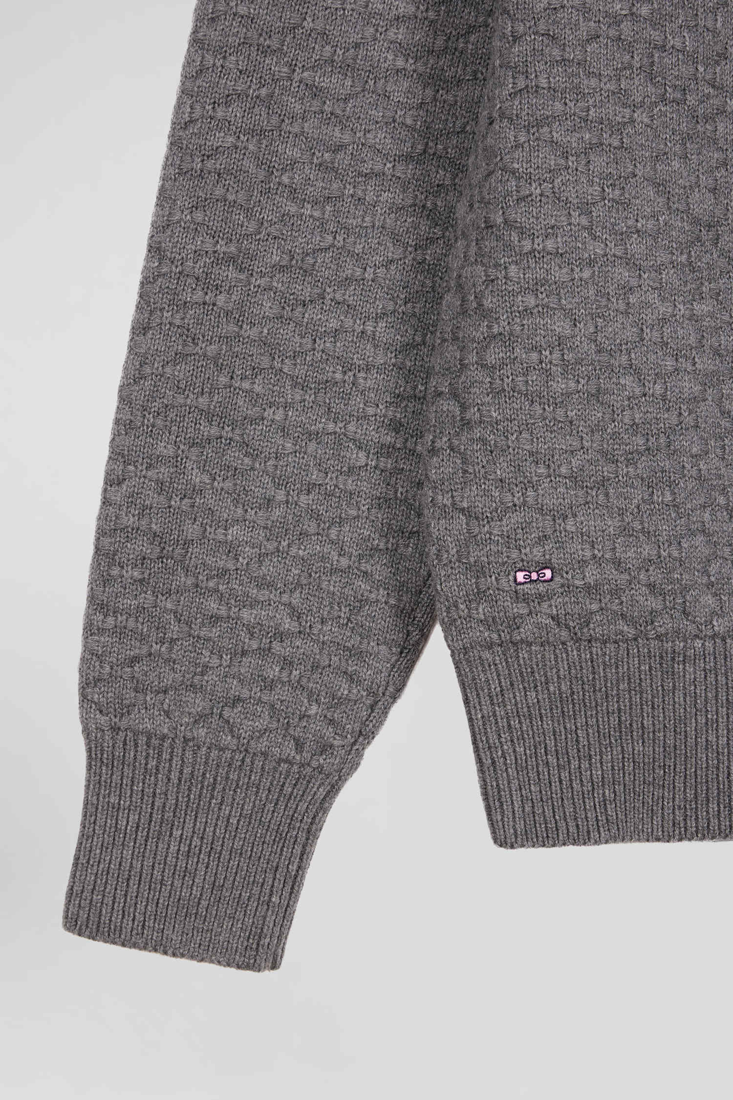 Regular grey wool and cotton crew neck jumper with micro bow tie effect