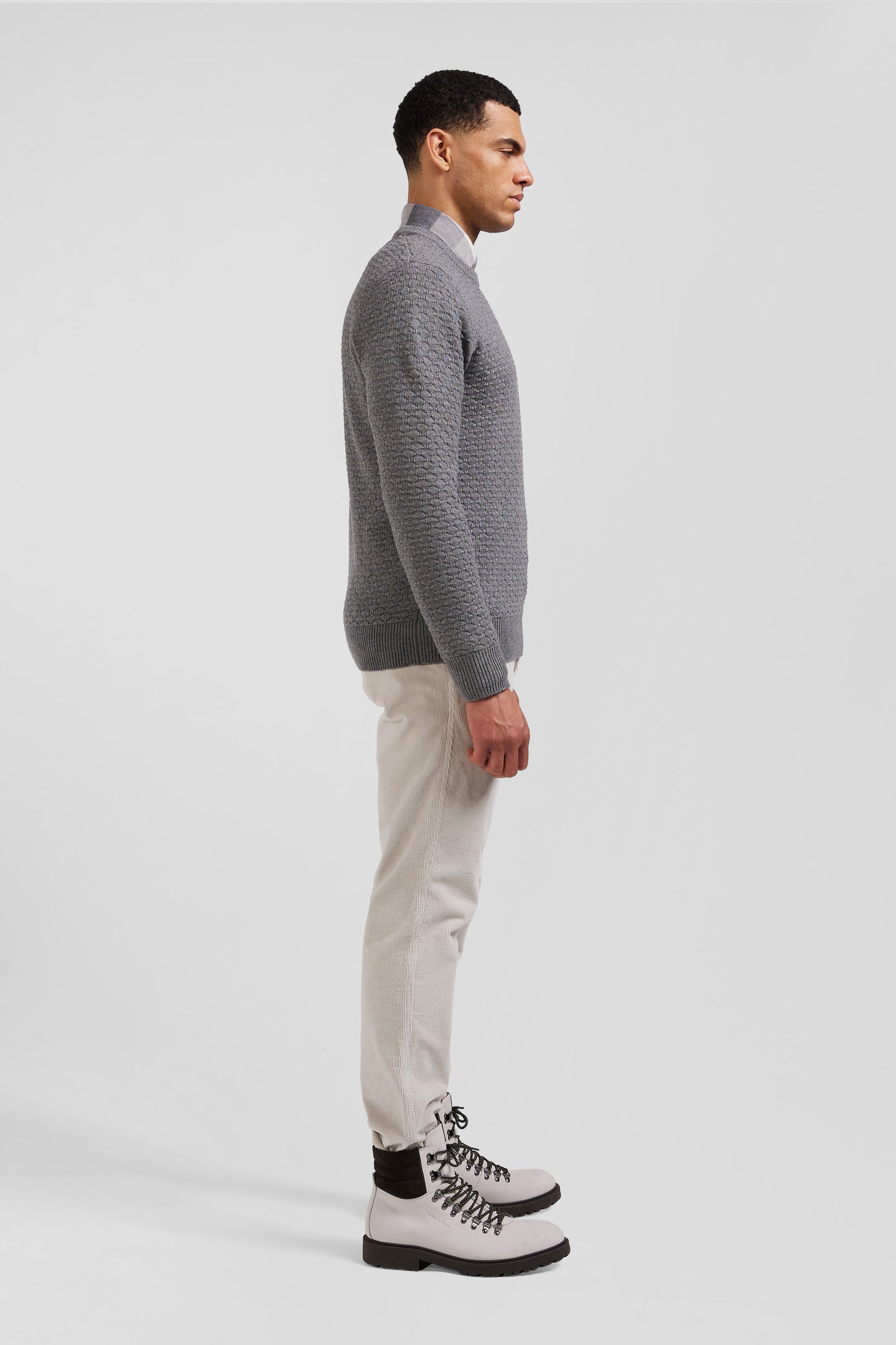 Regular grey wool and cotton crew neck jumper with micro bow tie effect