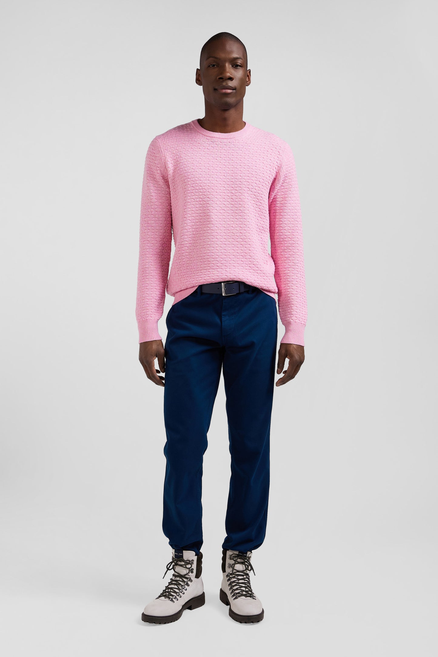 Regular pink wool and cotton crew neck jumper with micro bow tie effect