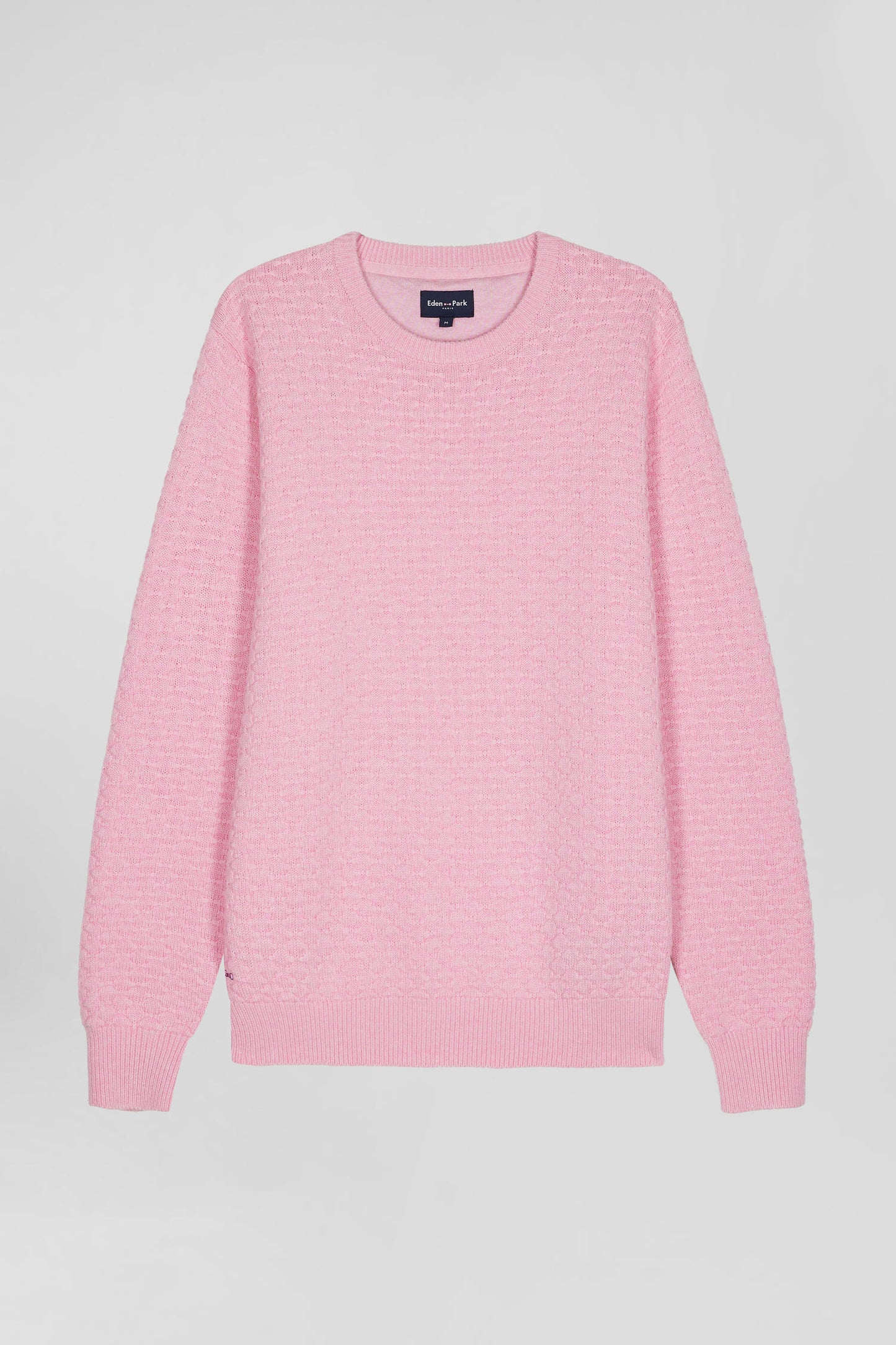 Regular pink wool and cotton crew neck jumper with micro bow tie effect