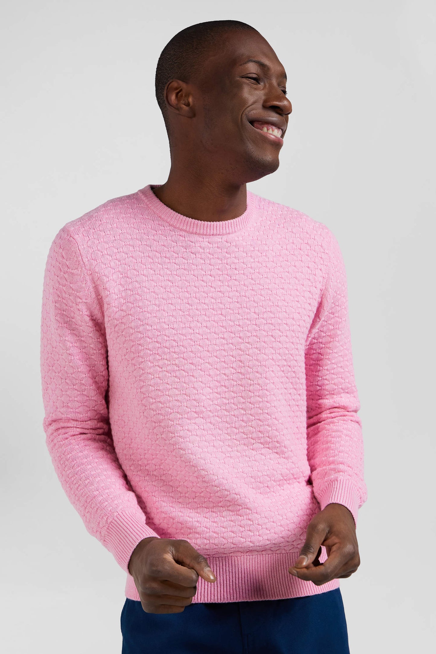 Regular pink wool and cotton crew neck jumper with micro bow tie effect