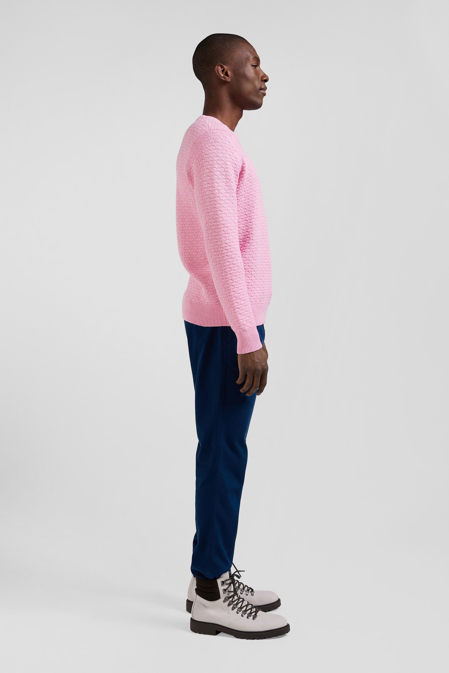 Regular pink wool and cotton crew neck jumper with micro bow tie effect