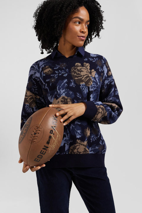 Oversize navy wool and cotton crew neck jumper with floral patterns - Image 3