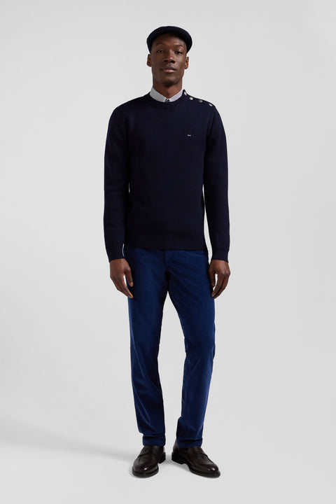 Regular navy blue crew neck jumper with shoulder buttons - Image 1