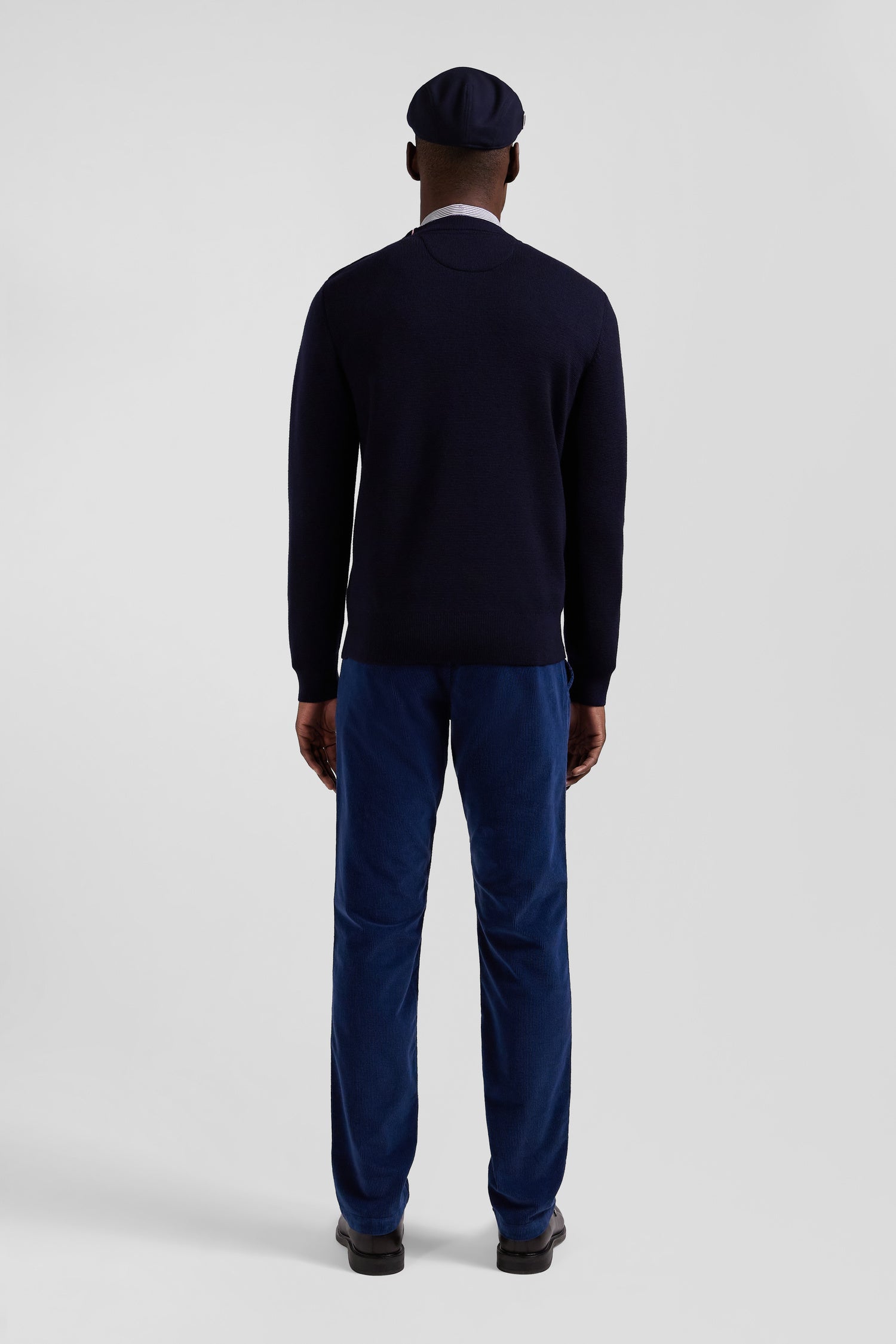 Regular navy blue crew neck jumper with shoulder buttons