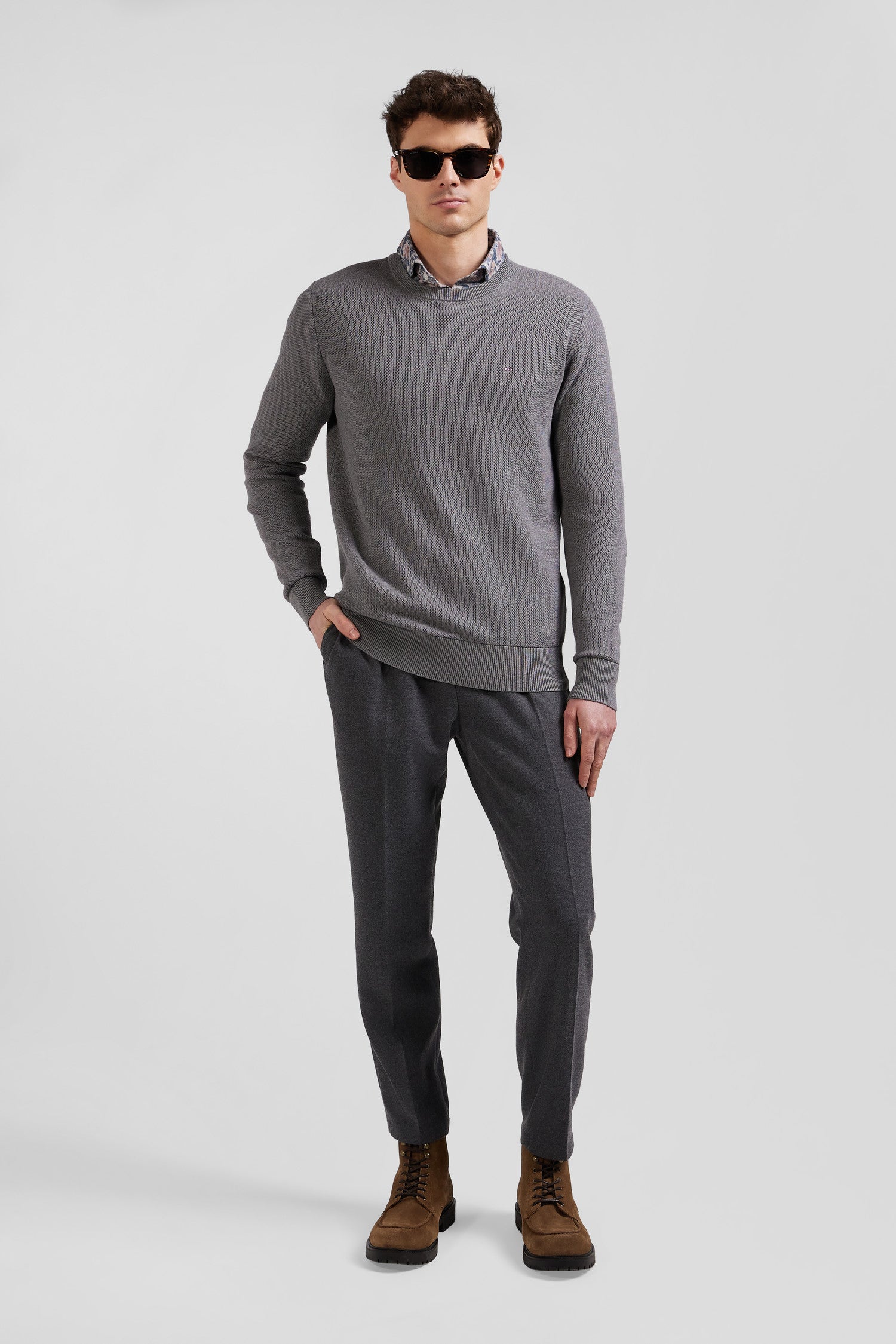 Regular grey cotton crew neck jumper