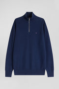 Regular dark blue cotton semi-zipped jumper