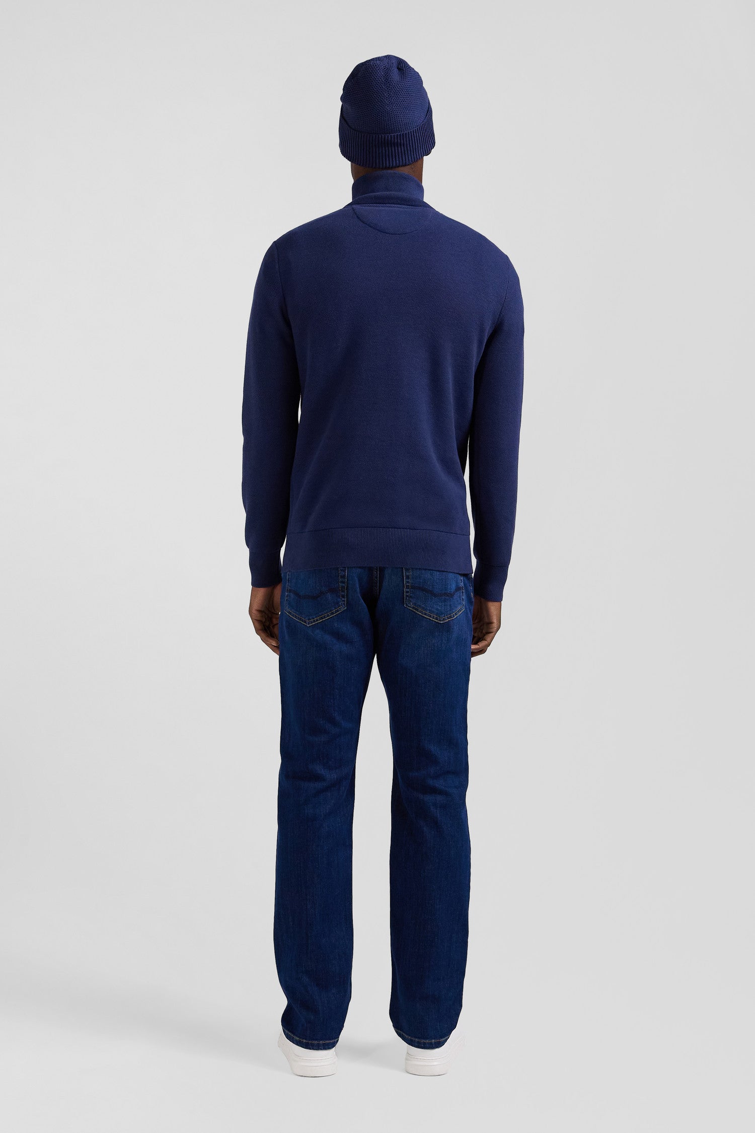 Regular dark blue cotton semi-zipped jumper