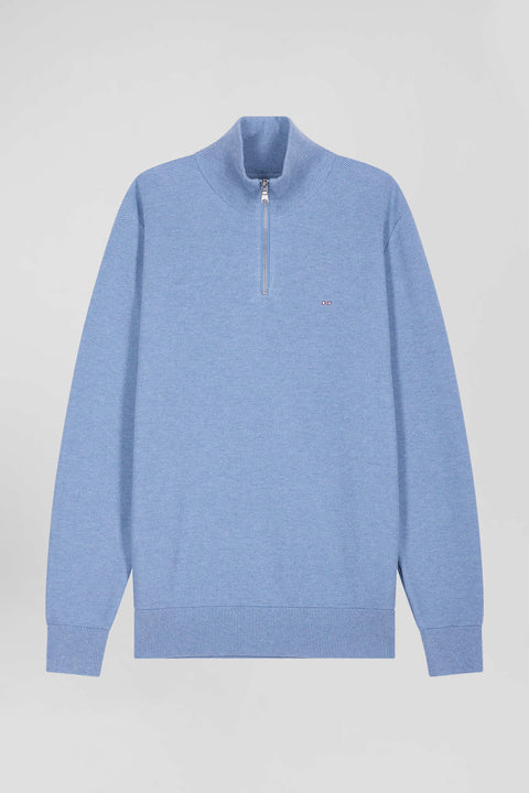 Regular sky blue cotton semi-zipped jumper - Image 2
