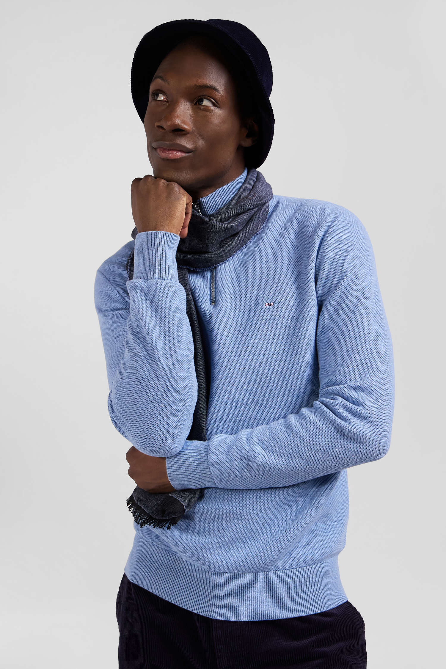 Regular sky blue cotton semi-zipped jumper