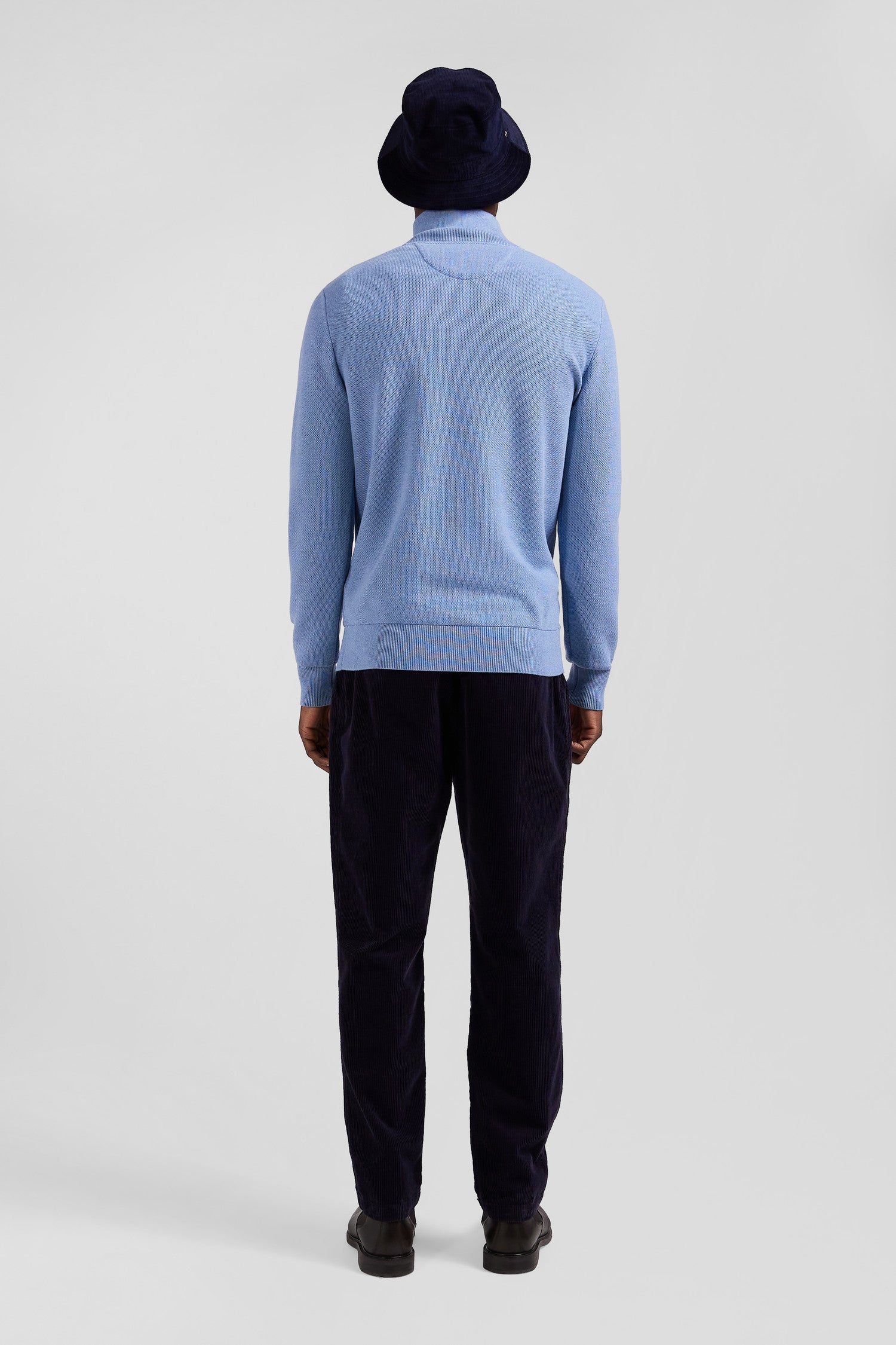 Regular sky blue cotton semi-zipped jumper