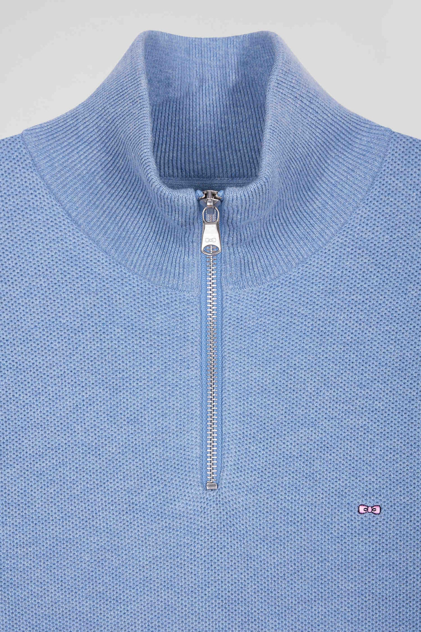 Regular sky blue cotton semi-zipped jumper