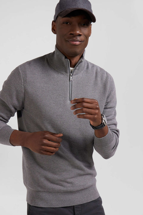 Regular grey cotton semi-zipped jumper - Image 3