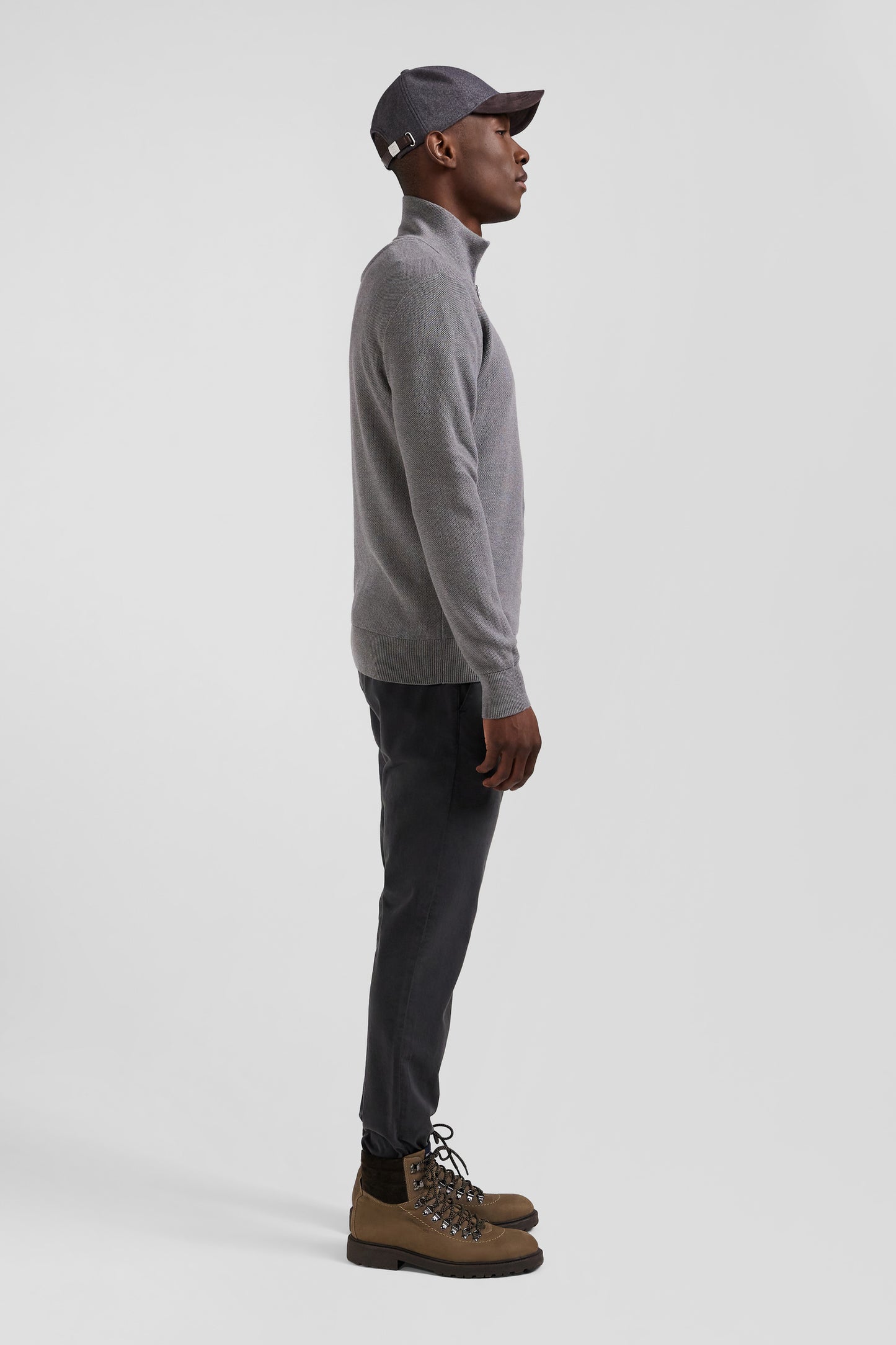 Regular grey cotton semi-zipped jumper