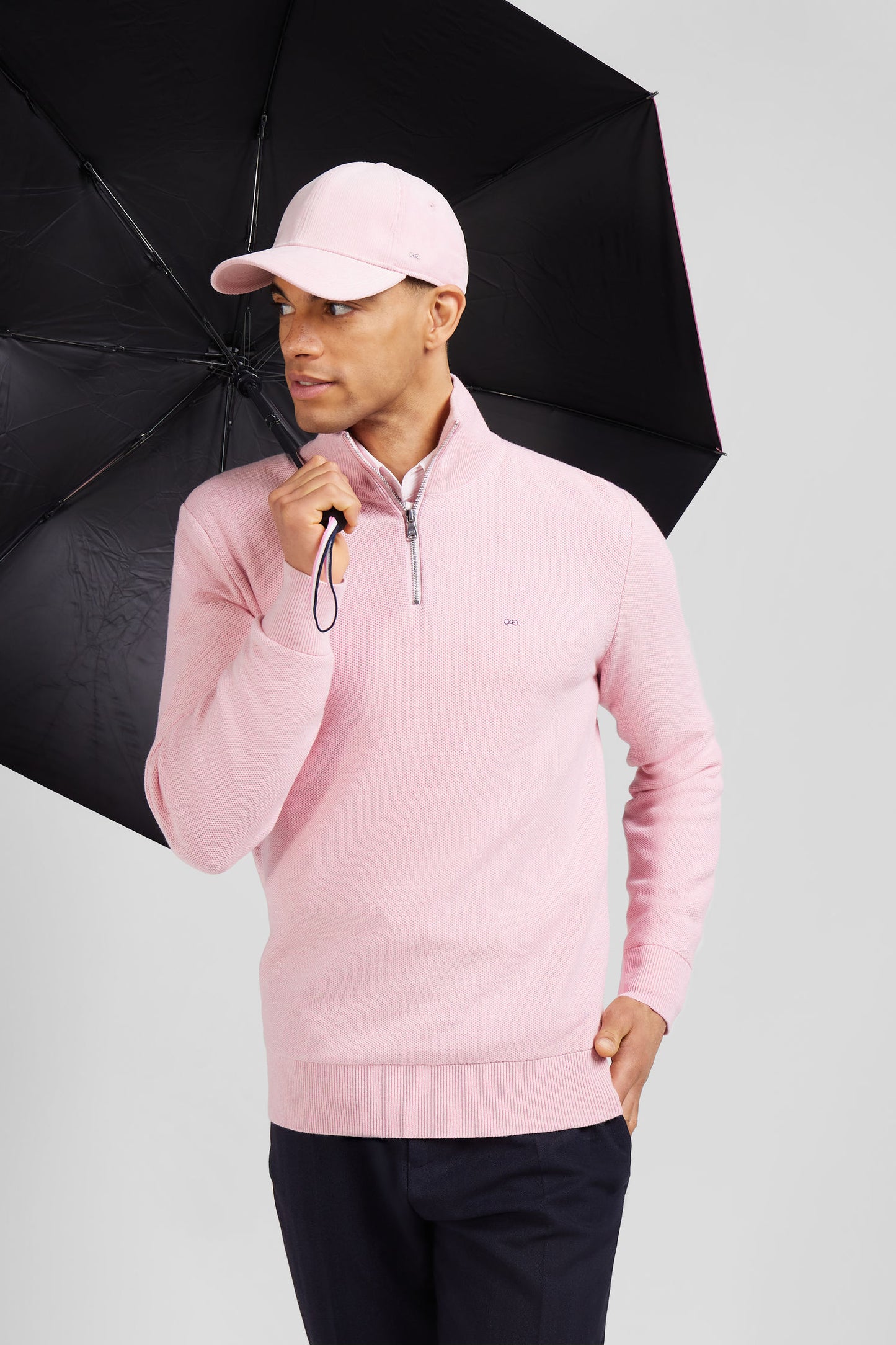 Regular pink cotton semi-zipped jumper