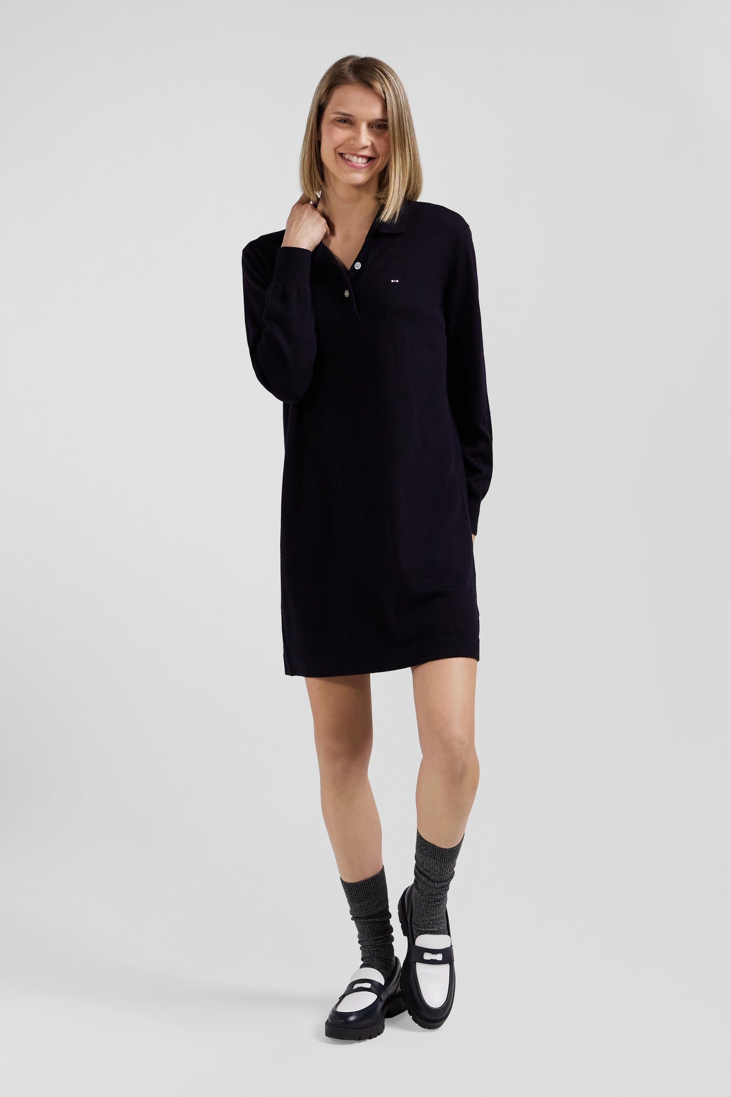 Regular navy blue wool dress with rugby shirt collar