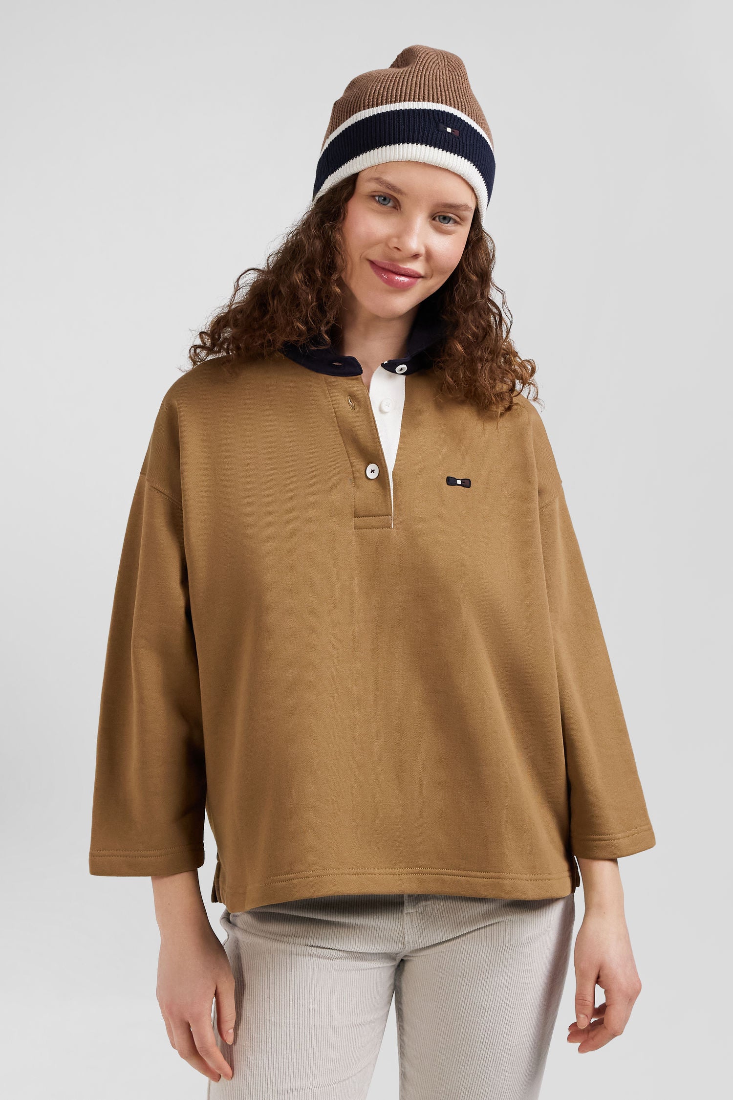 Sweatshirt à col maillot en coton camel coupe Relaxed