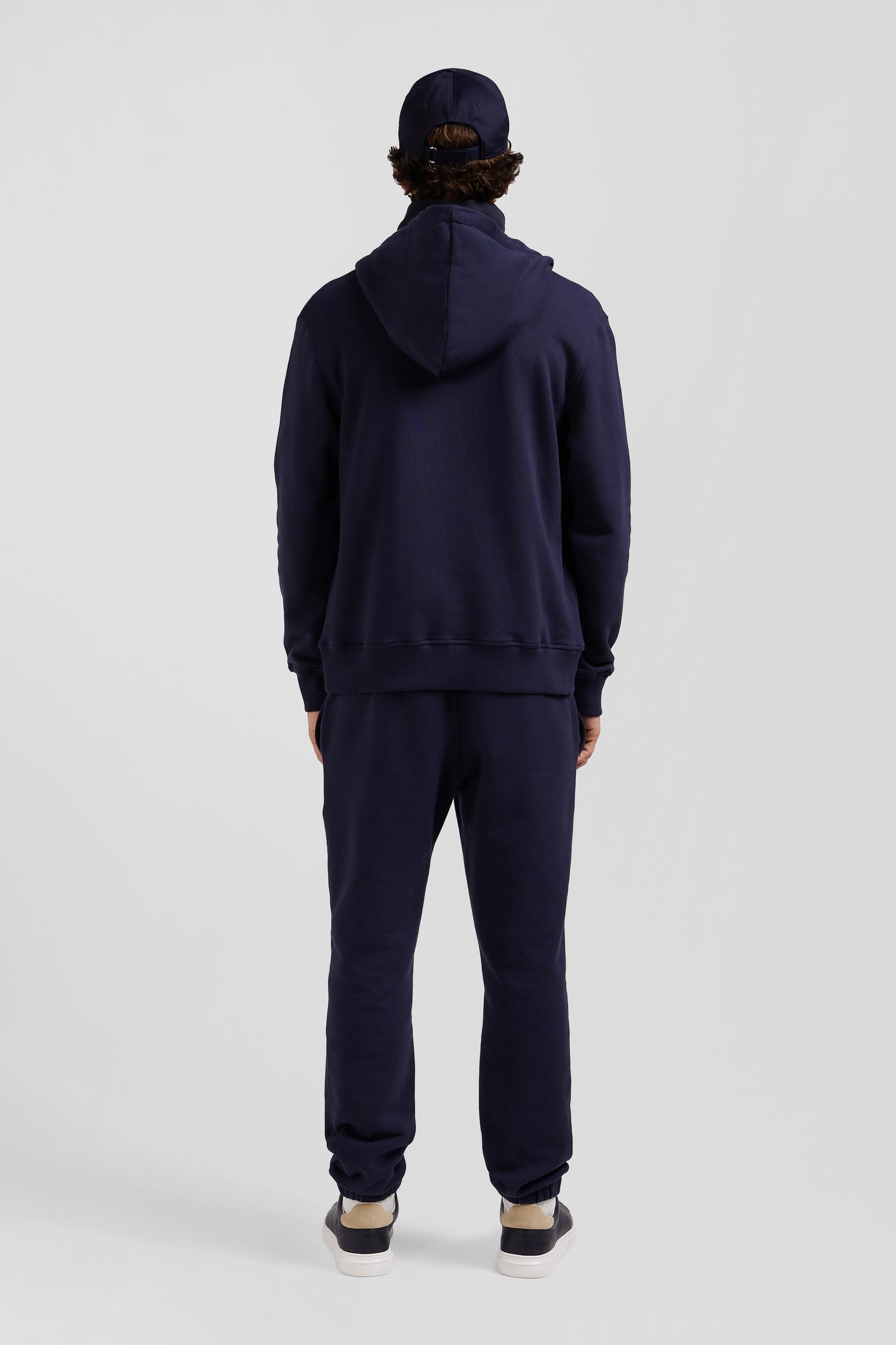 Regular navy blue zipped brushed cotton fleece hoodie