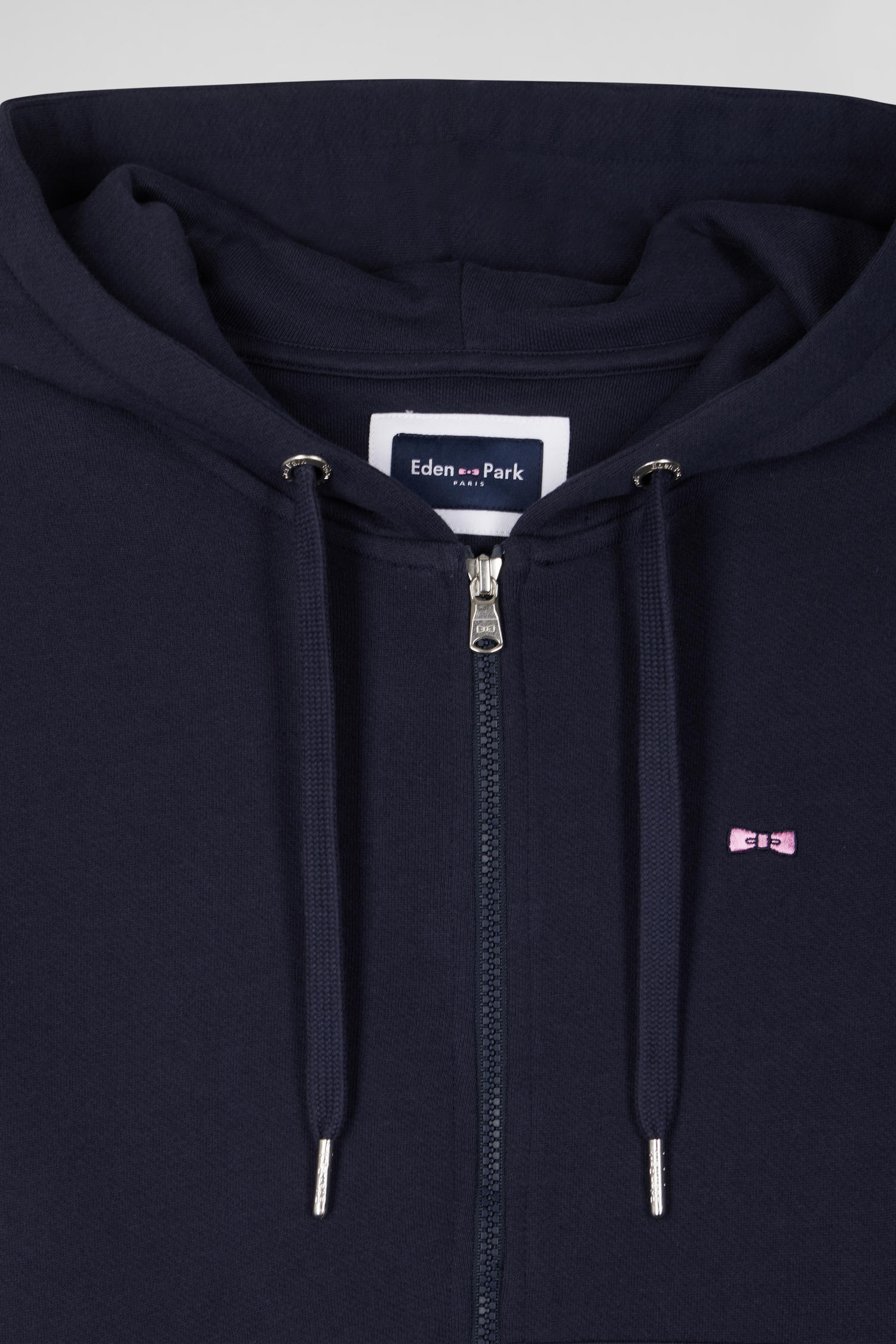 Regular navy blue zipped brushed cotton fleece hoodie