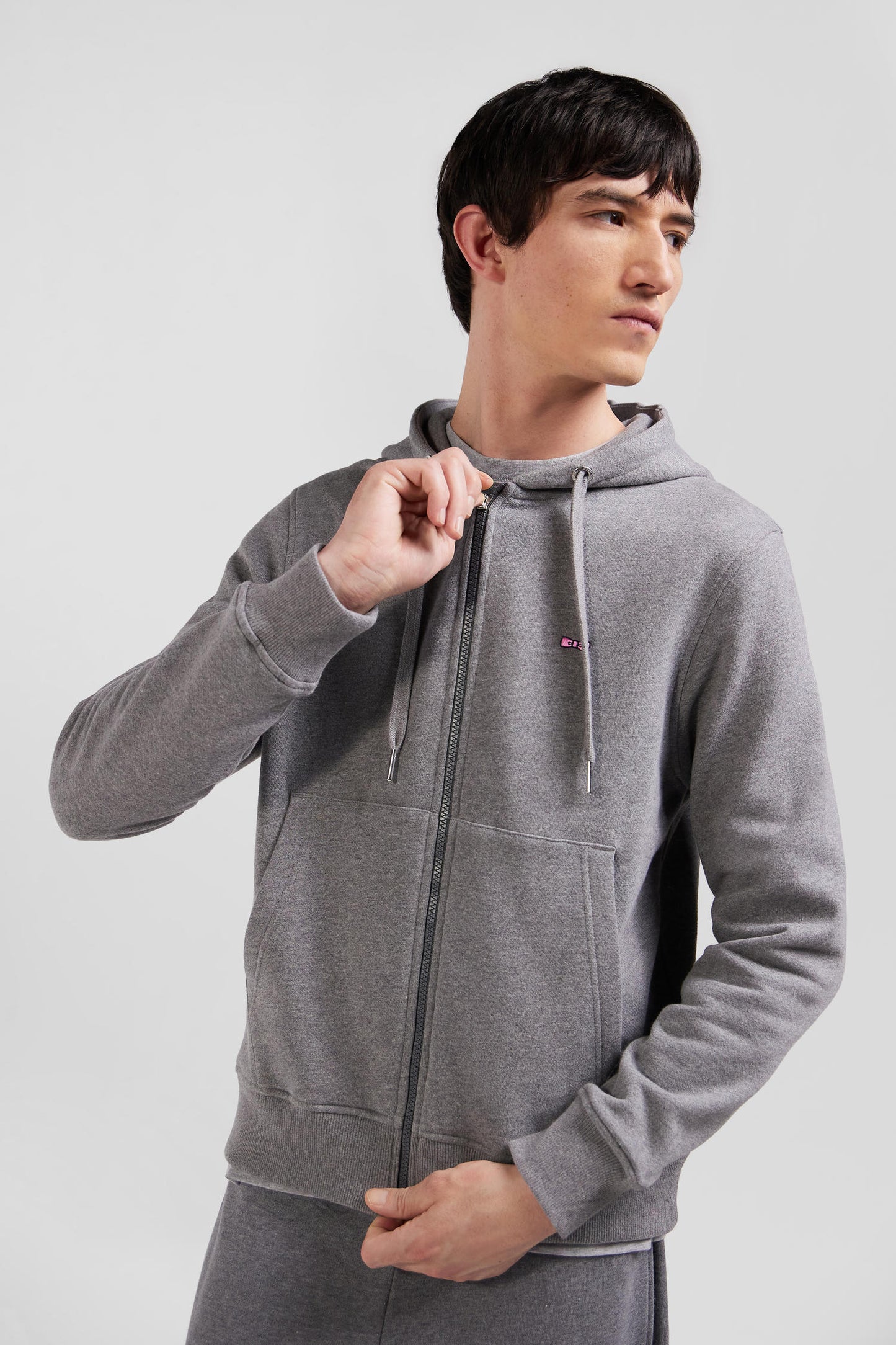 Regular grey zipped brushed cotton fleece hoodie