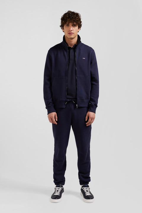 Regular navy zipped brushed cotton fleece with high top collar - Image 1