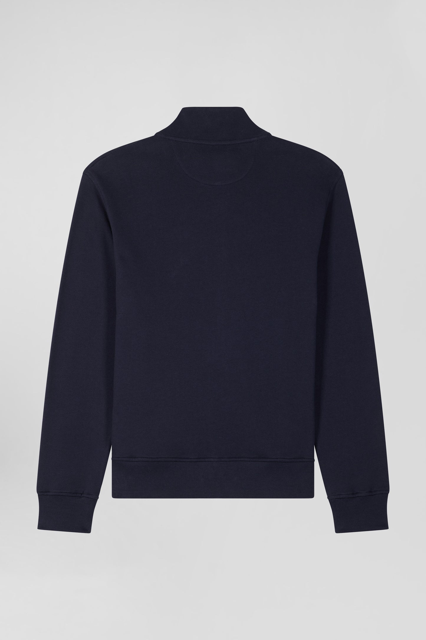 Regular navy zipped brushed cotton fleece with high top collar