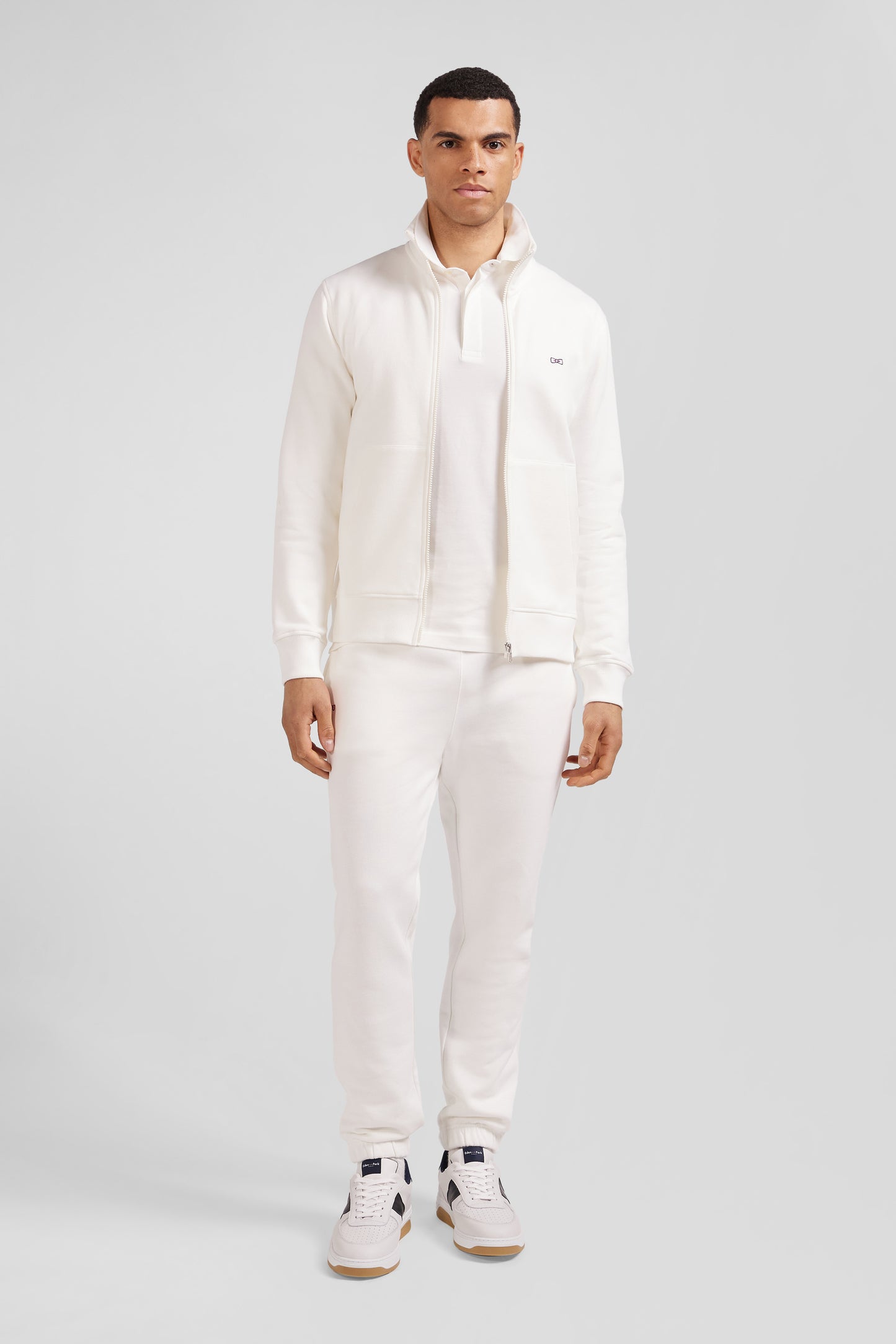 Regular ecru zipped brushed cotton fleece sweatshirt with high top collar