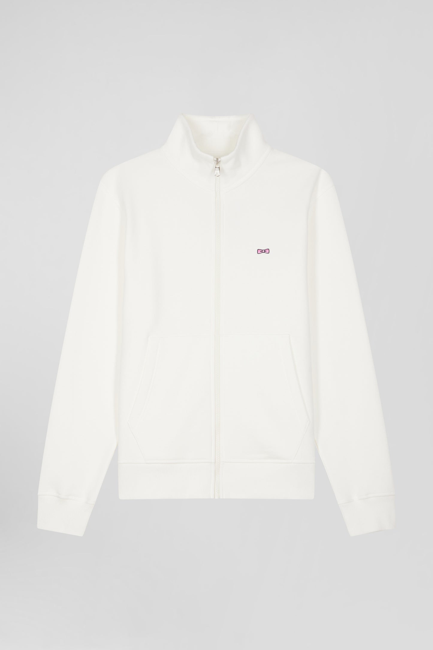 Regular ecru zipped brushed cotton fleece sweatshirt with high top collar